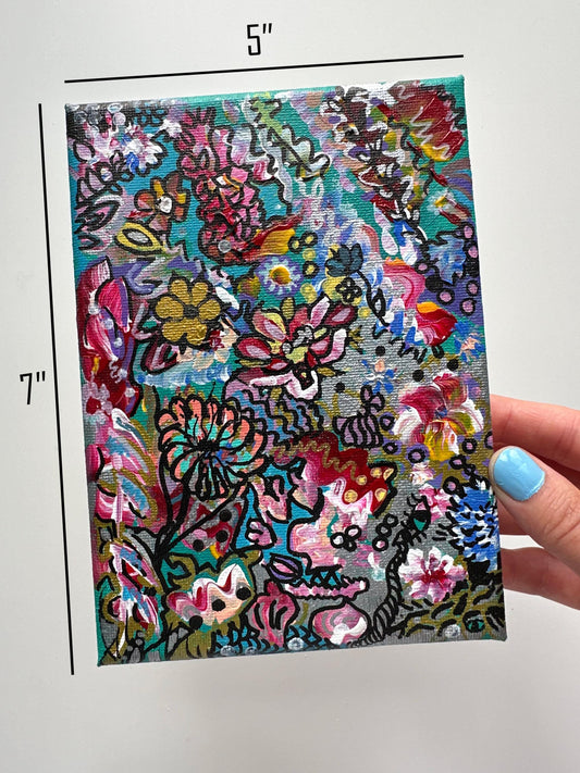 Original Floral Abstract Acrylic Painting: Colorful Small Canvas Art (5x7)