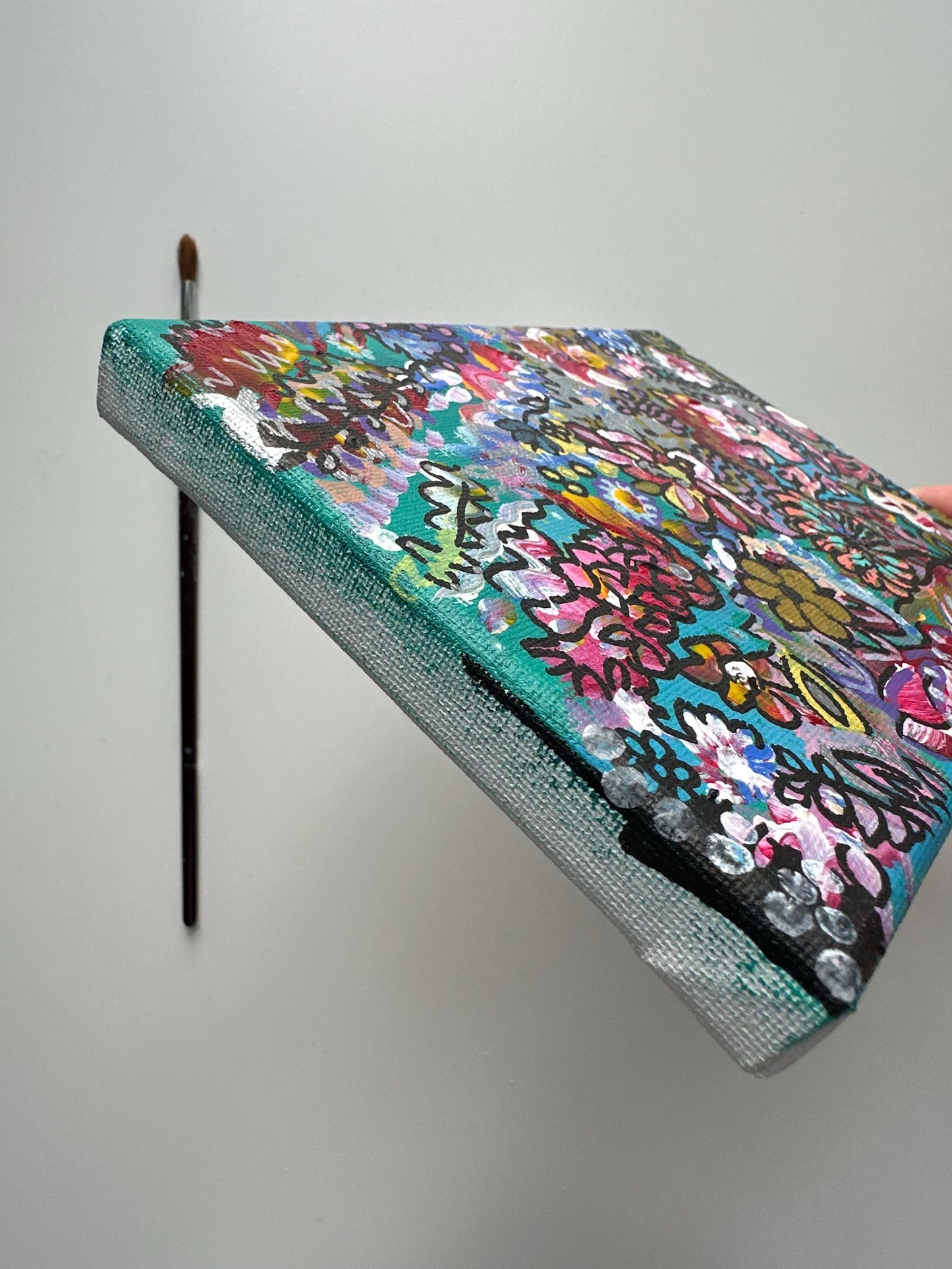 Original Floral Abstract Acrylic Painting: Colorful Small Canvas Art (5x7)