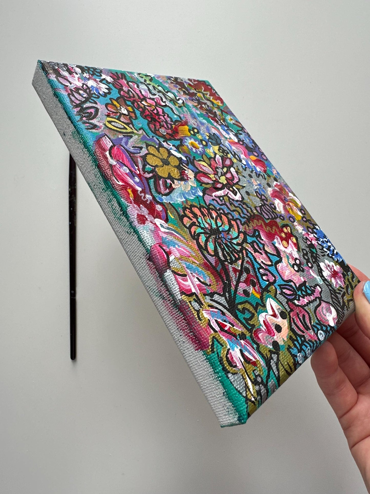 Original Floral Abstract Acrylic Painting: Colorful Small Canvas Art (5x7)