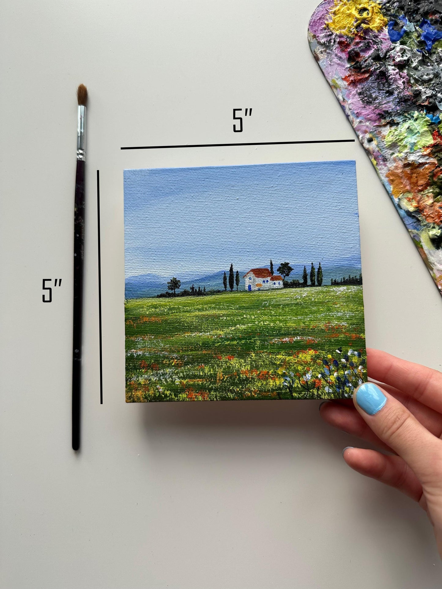 Original Flower Field Acrylic Painting: Farmhouse Landscape (5"x5" Canvas)