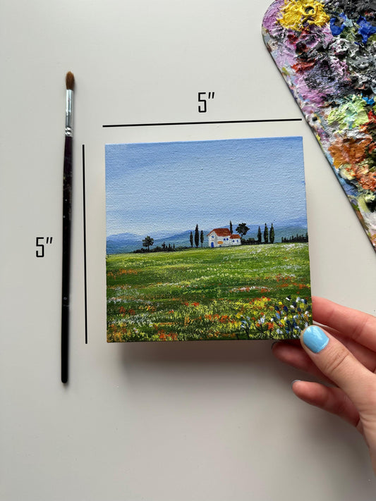 Original Flower Field Acrylic Painting: Farmhouse Landscape (5"x5" Canvas)