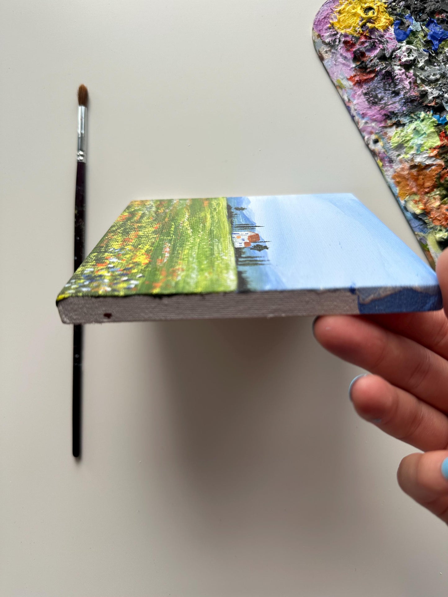 Original Flower Field Acrylic Painting: Farmhouse Landscape (5"x5" Canvas)