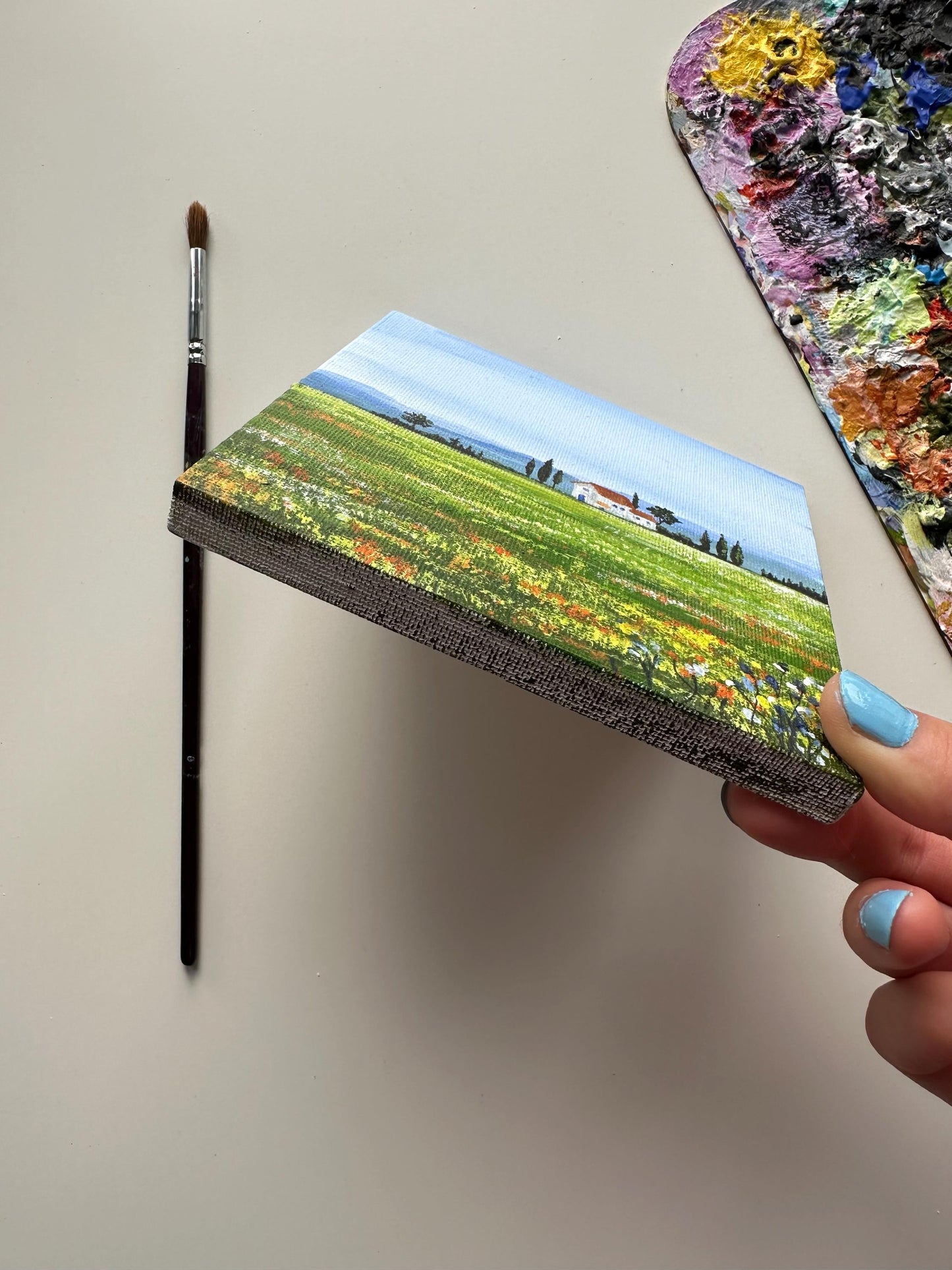 Original Flower Field Acrylic Painting: Farmhouse Landscape (5"x5" Canvas)