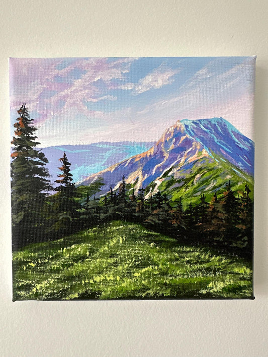 Snowy Mountain Valley Painting: Original Acrylic Art on 6" Canvas