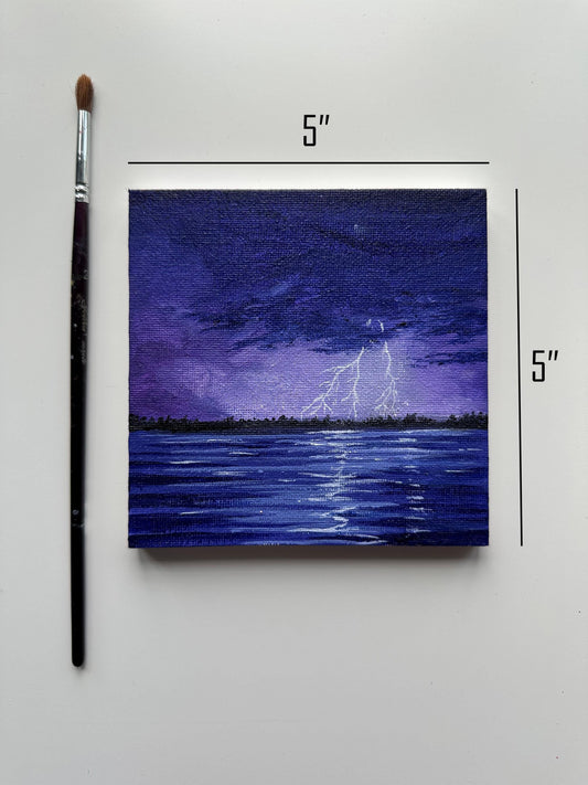 Original Thunder Over Sea Painting: Small Acrylic Canvas Art (5" x 5")
