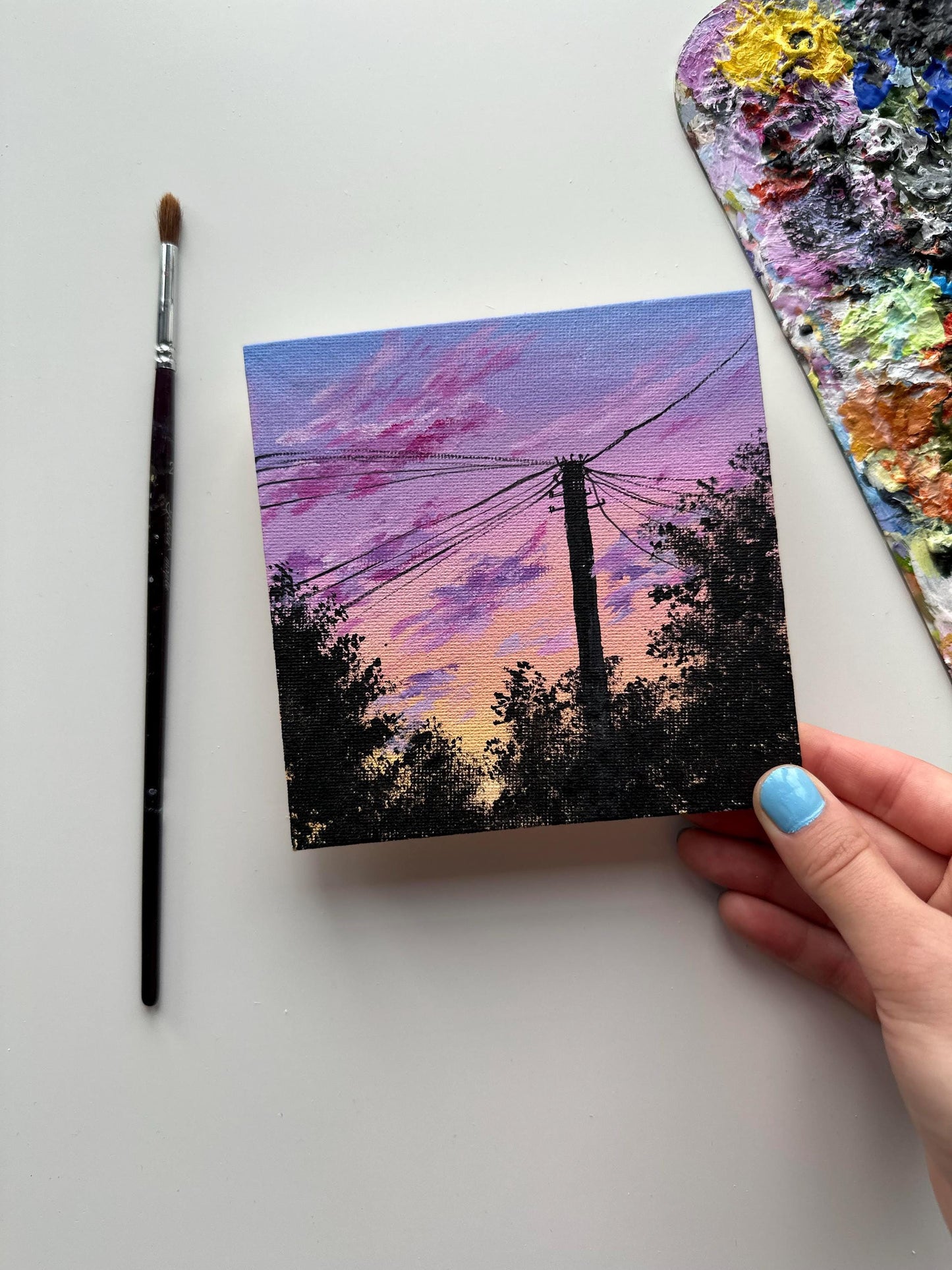 Original Sunset Acrylic Painting: 5x5 Mini Canvas Art