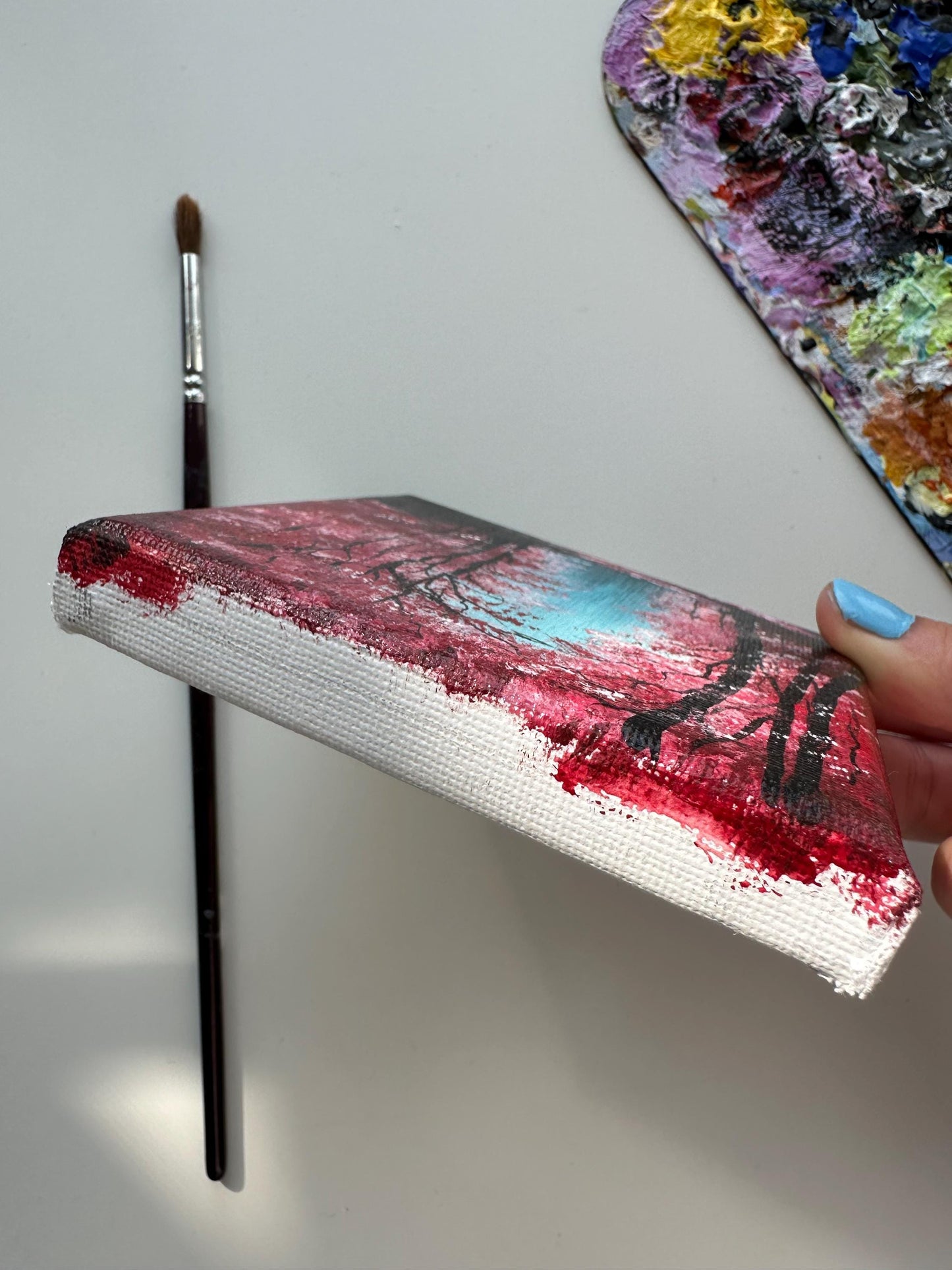 Enchanted Red Forest Painting: Original Acrylic on Mini Canvas (4x4)