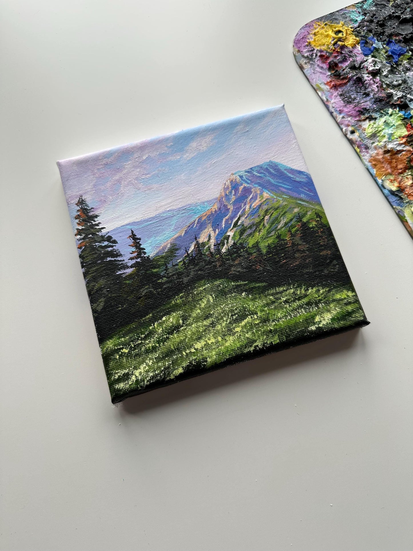 Snowy Mountain Valley Painting: Original Acrylic Art on 6" Canvas