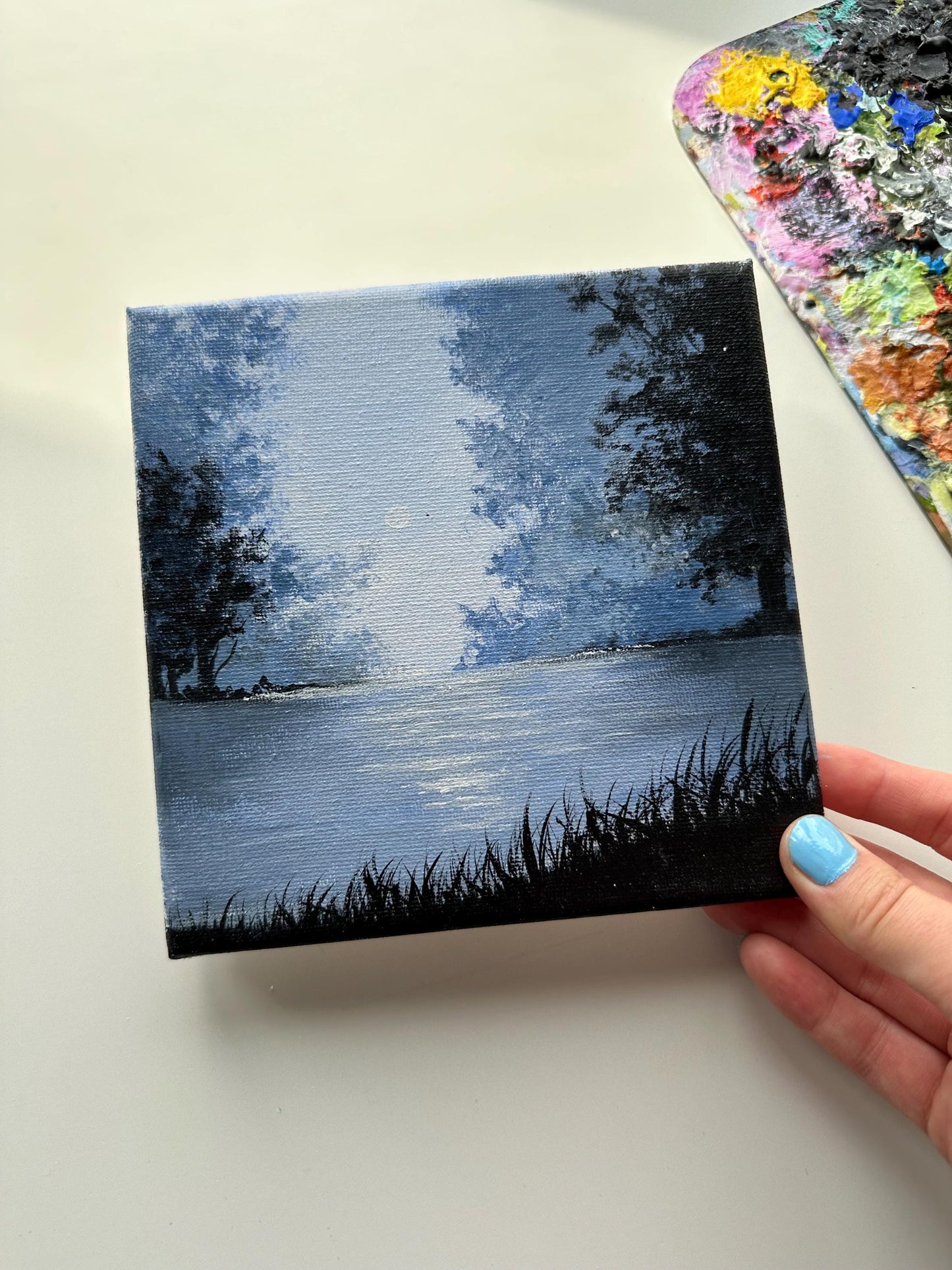 Moonlit Lake Acrylic Painting: Foggy Forest Landscape, Minimalist Art (6x6)