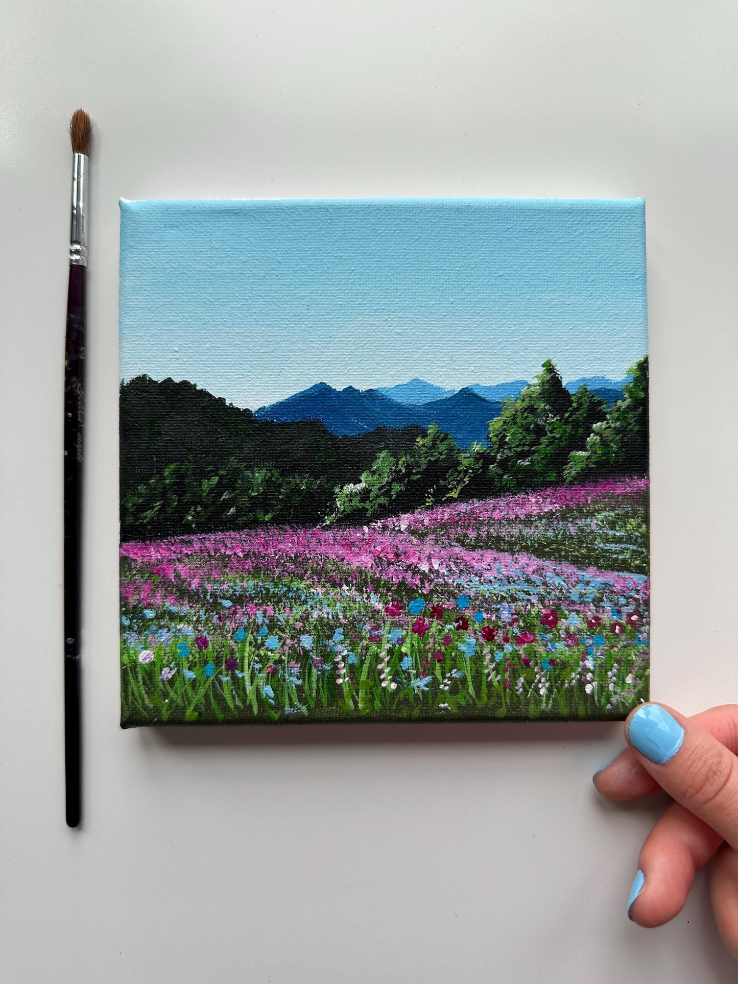 Original Mountain Flower Acrylic Painting: 6" x 6" Vibrant Landscape Art