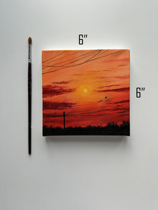 Original Sunset Acrylic Painting: Bold Red & Black Tones, 6x6 Canvas
