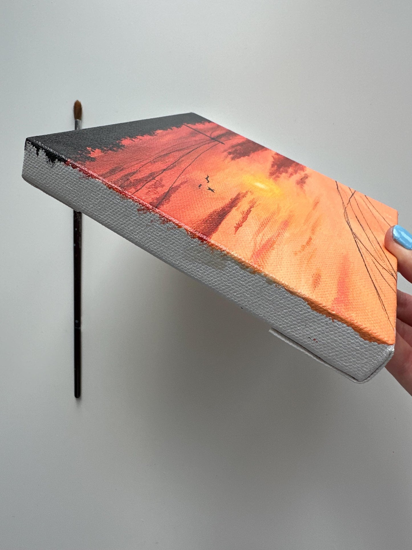 Original Sunset Acrylic Painting: Bold Red & Black Tones, 6x6 Canvas