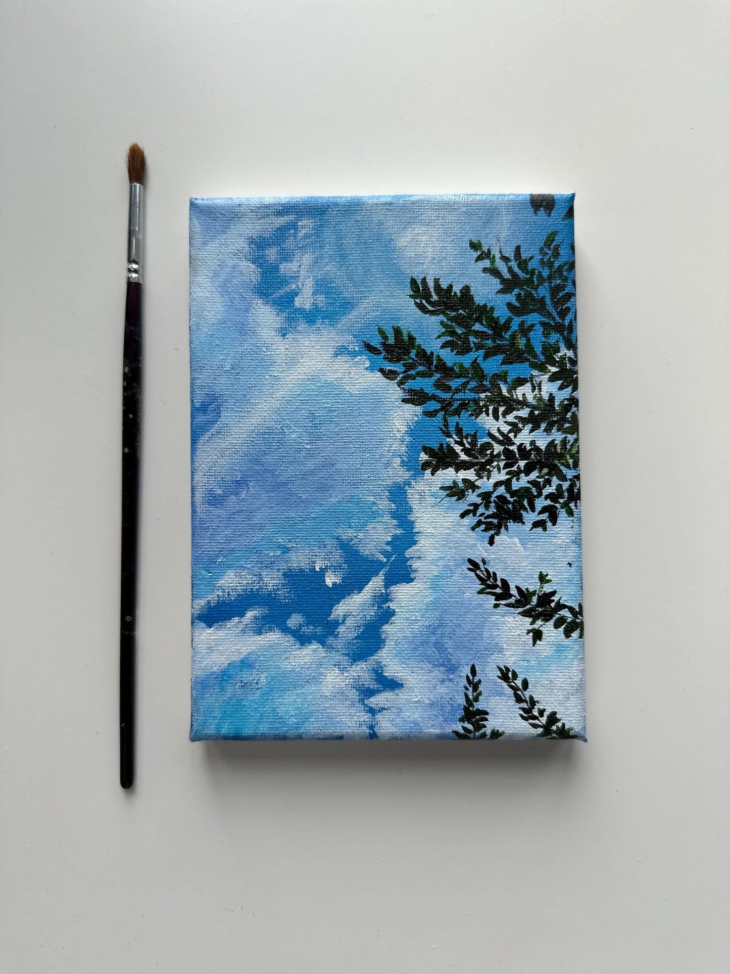 Original Sunny Sky Acrylic Painting: Clouds, Tree Branch, 5x7 Canvas