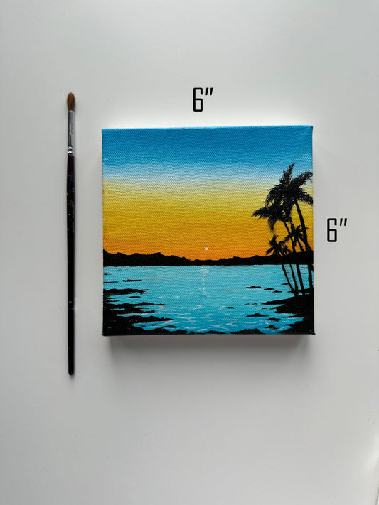 Original Beach Palm Tree Acrylic Painting: Tropical Seaside Art (6" x 6")