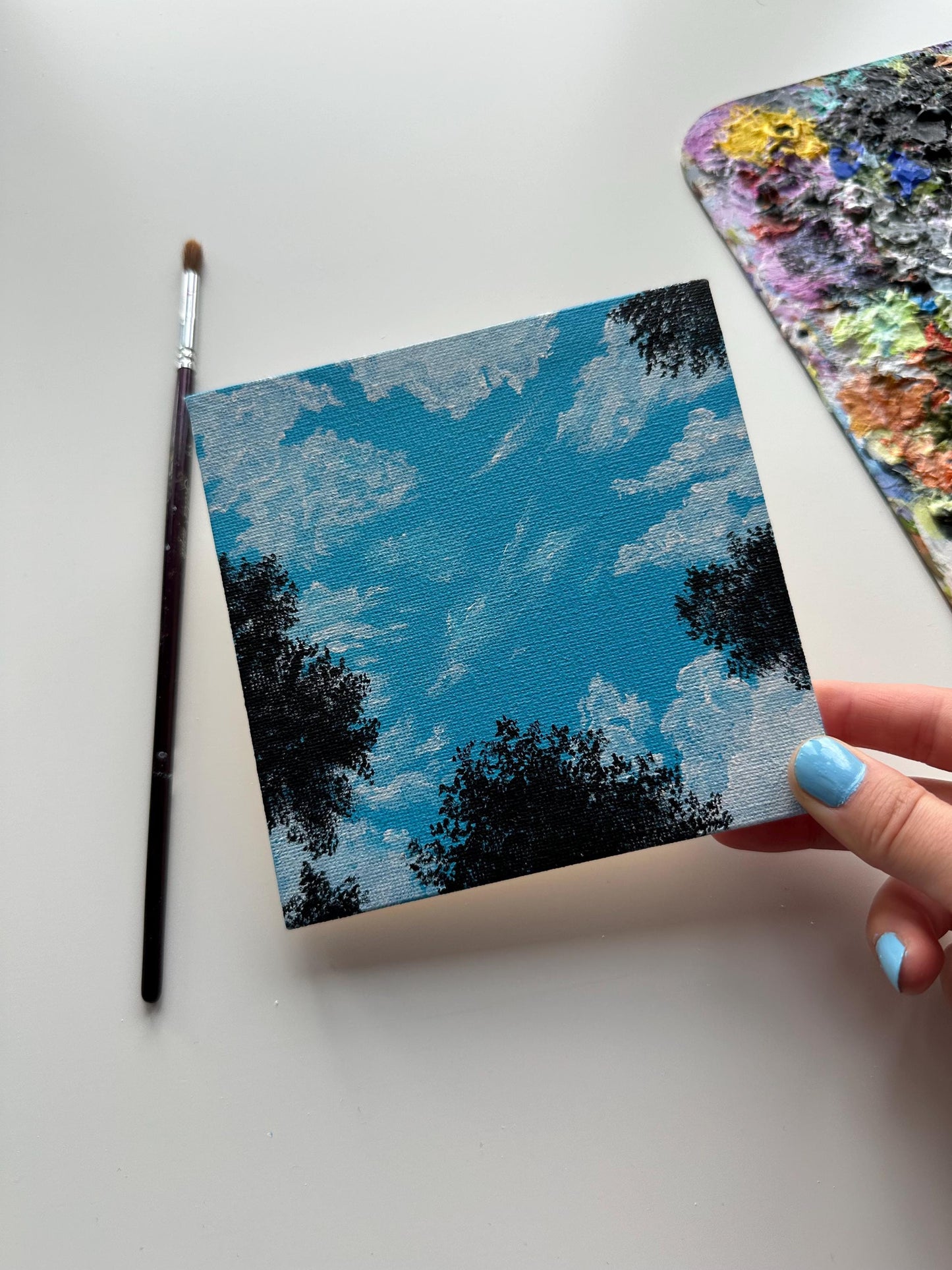 Skyward View Acrylic Painting: Tiny Landscape, 5x5 Original Art