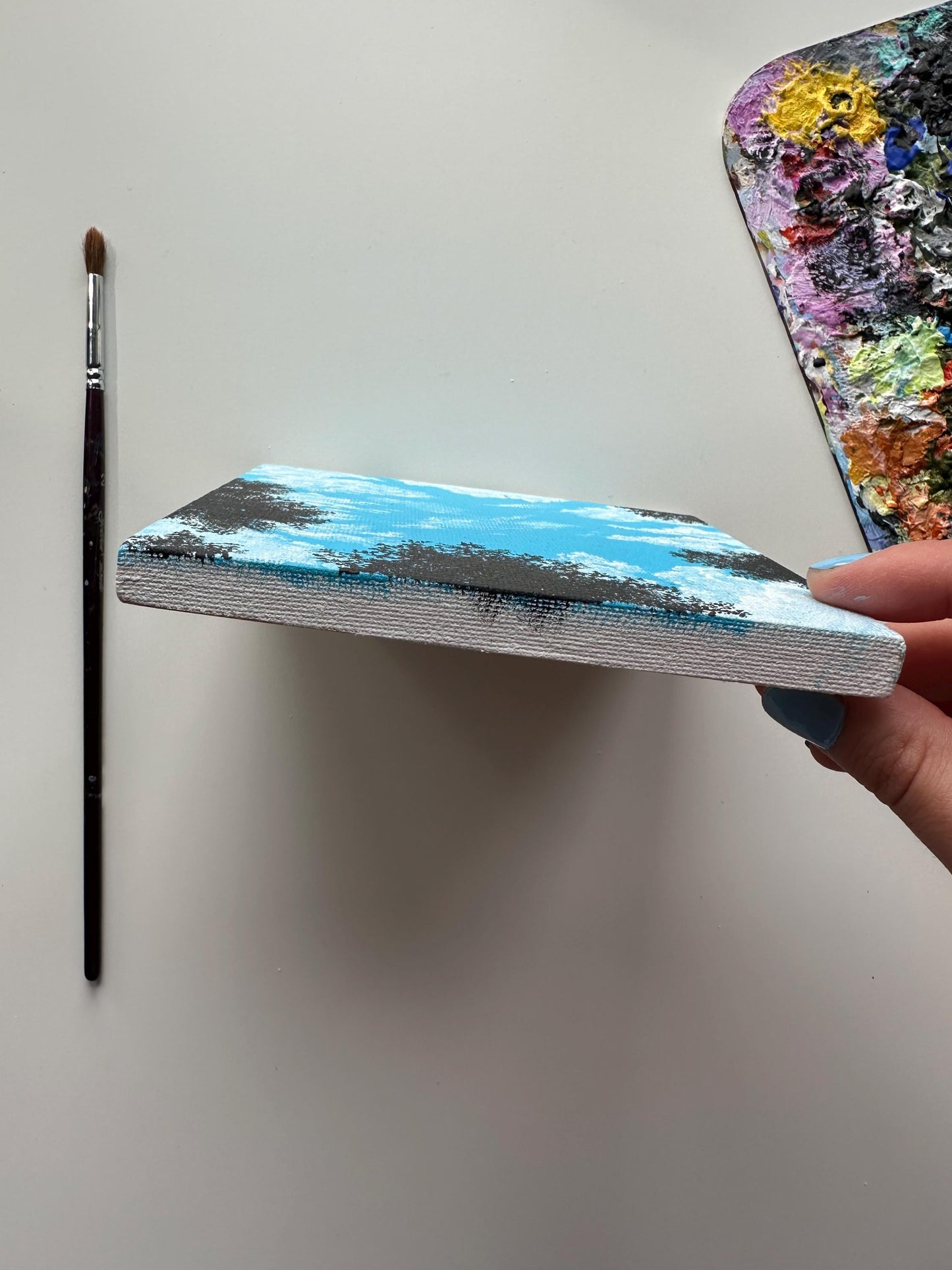 Skyward View Acrylic Painting: Tiny Landscape, 5x5 Original Art