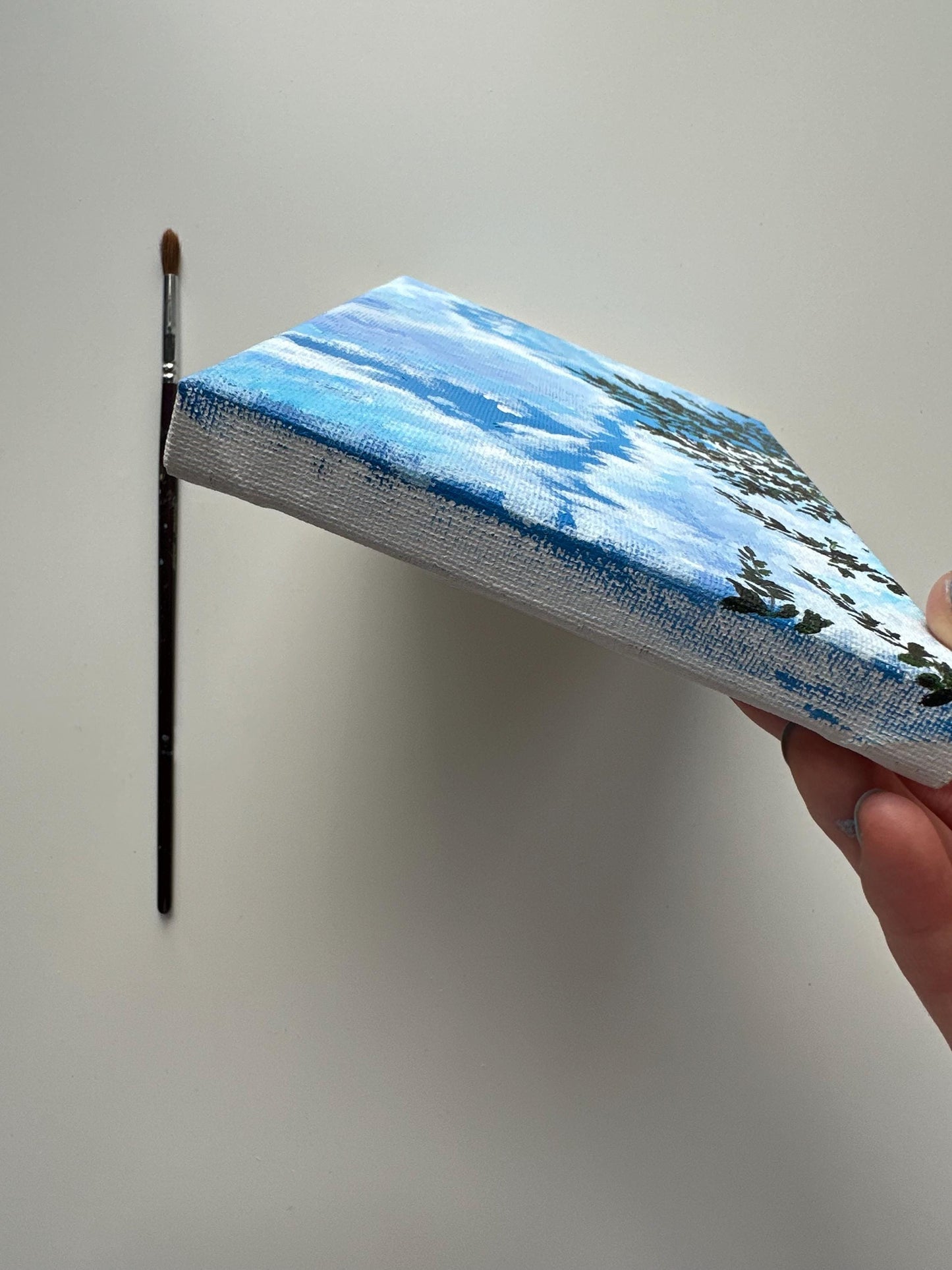 Original Sunny Sky Acrylic Painting: Clouds, Tree Branch, 5x7 Canvas