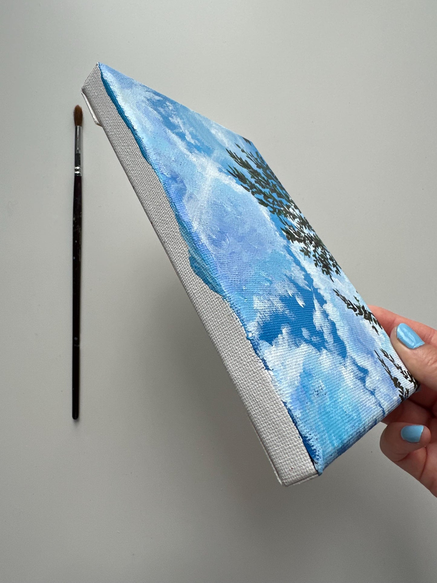 Original Sunny Sky Acrylic Painting: Clouds, Tree Branch, 5x7 Canvas