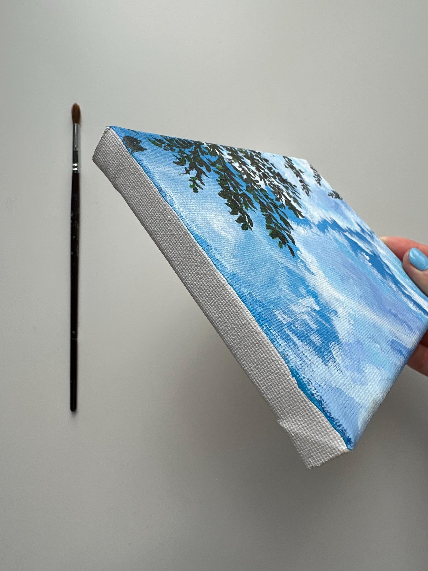 Original Sunny Sky Acrylic Painting: Clouds, Tree Branch, 5x7 Canvas