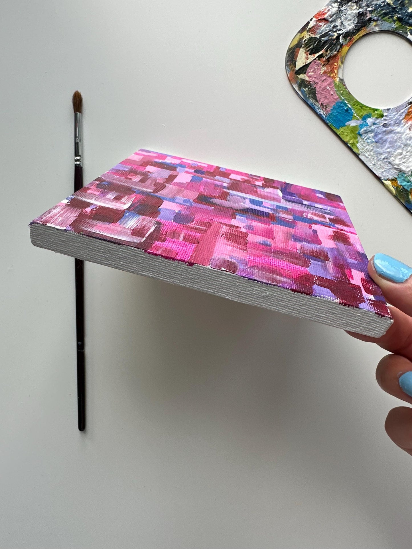 Original Mini Acrylic Painting: Pink Purple Abstract Art (5"x5")