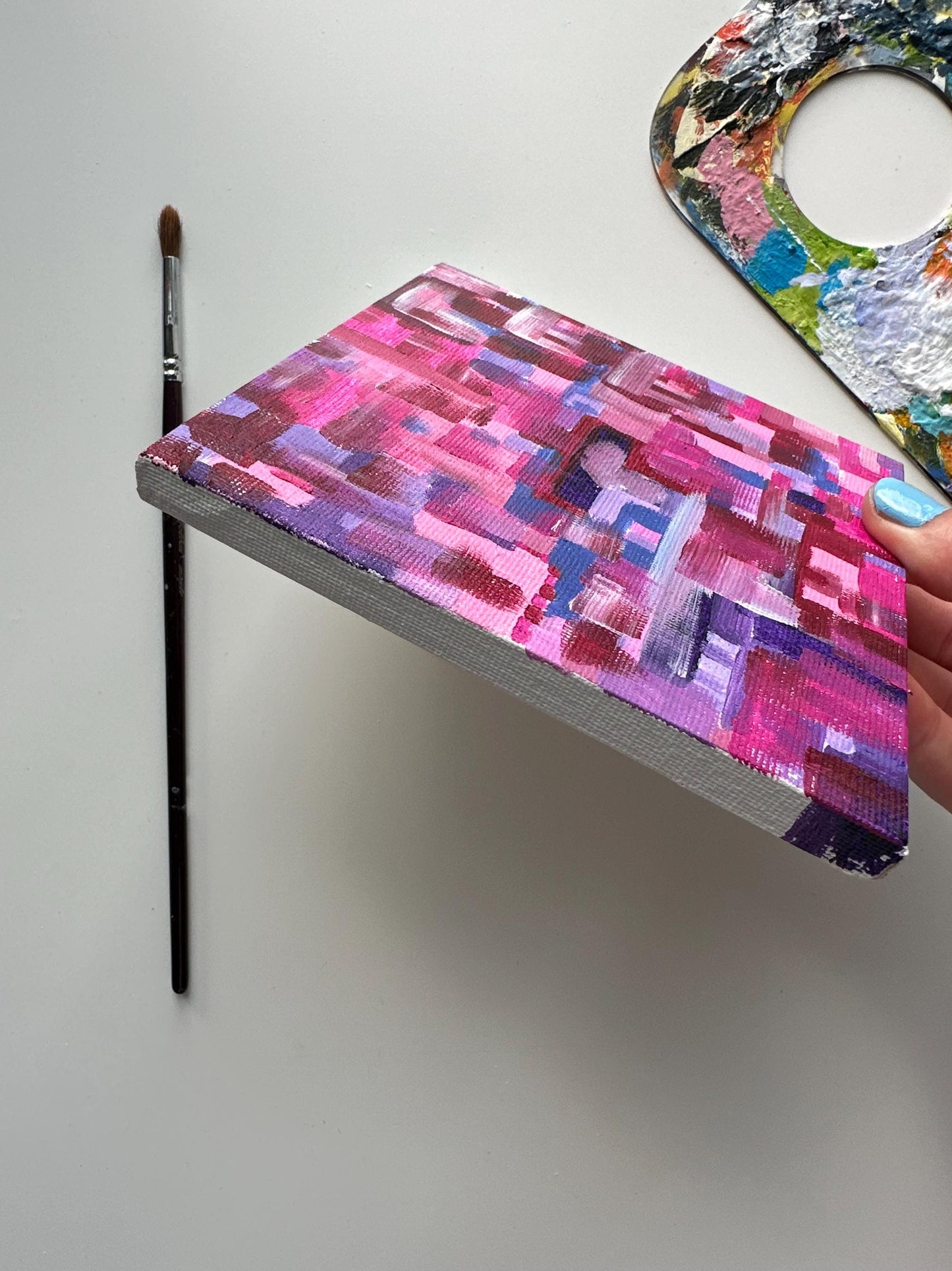 Original Mini Acrylic Painting: Pink Purple Abstract Art (5"x5")