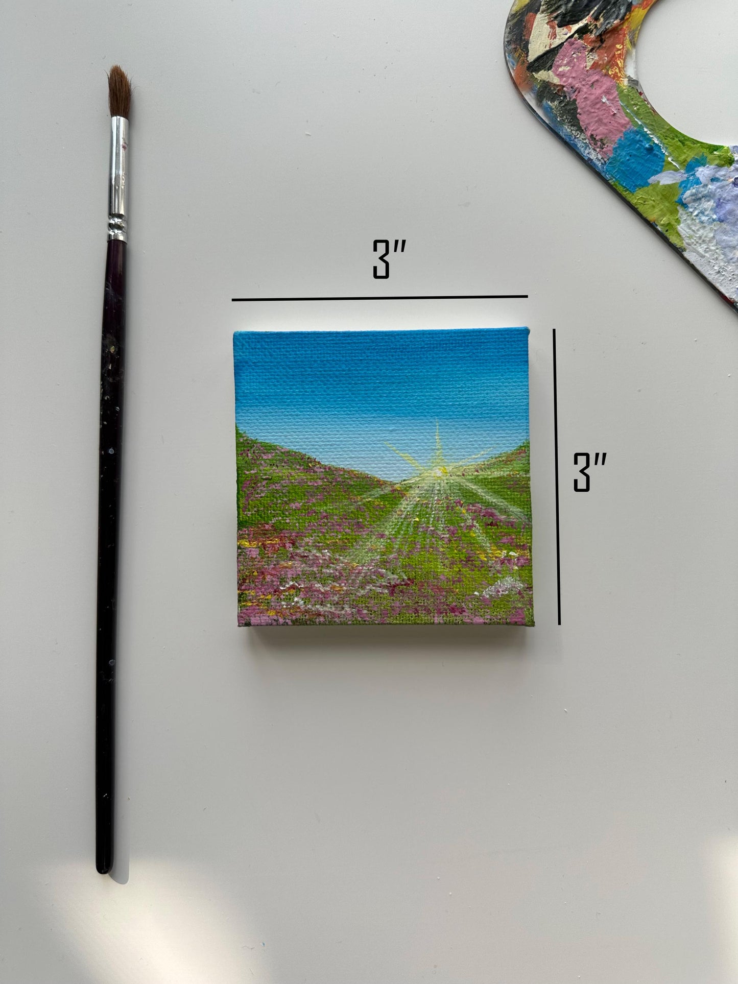 Sunlit Flower Valley Painting: Original Acrylic Mini Canvas Art (3x3 in)