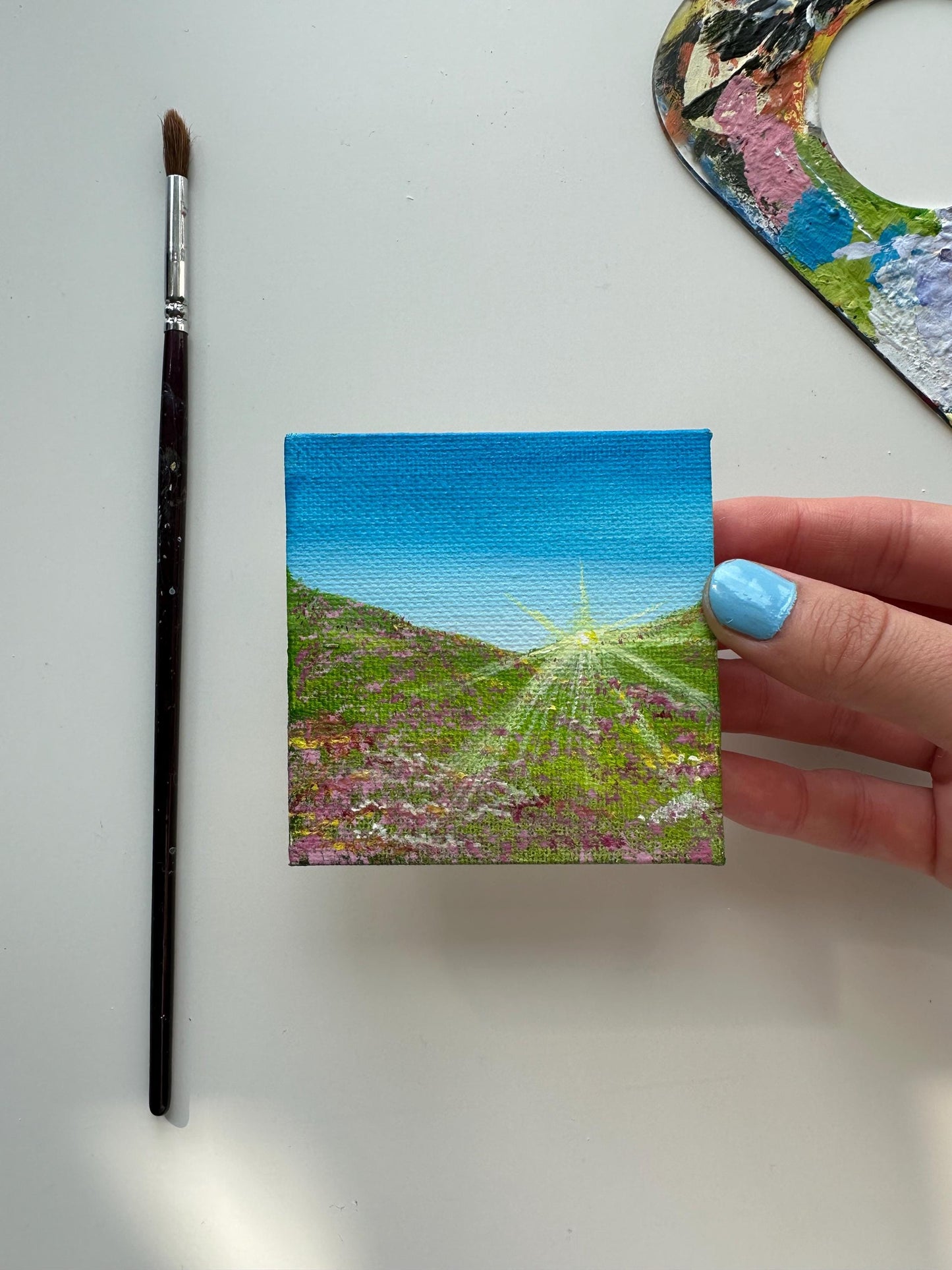 Sunlit Flower Valley Painting: Original Acrylic Mini Canvas Art (3x3 in)