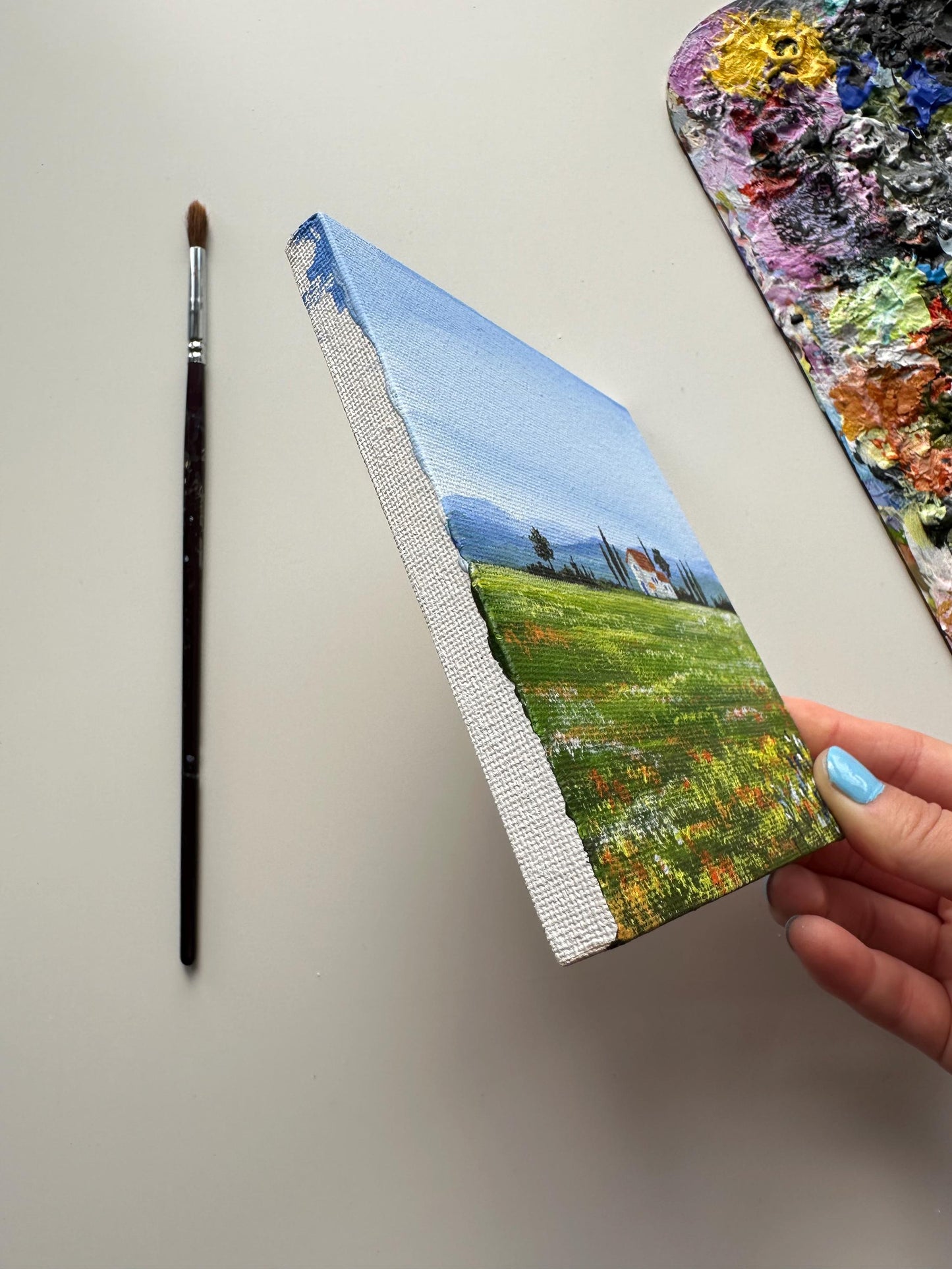 Original Flower Field Acrylic Painting: Farmhouse Landscape (5"x5" Canvas)