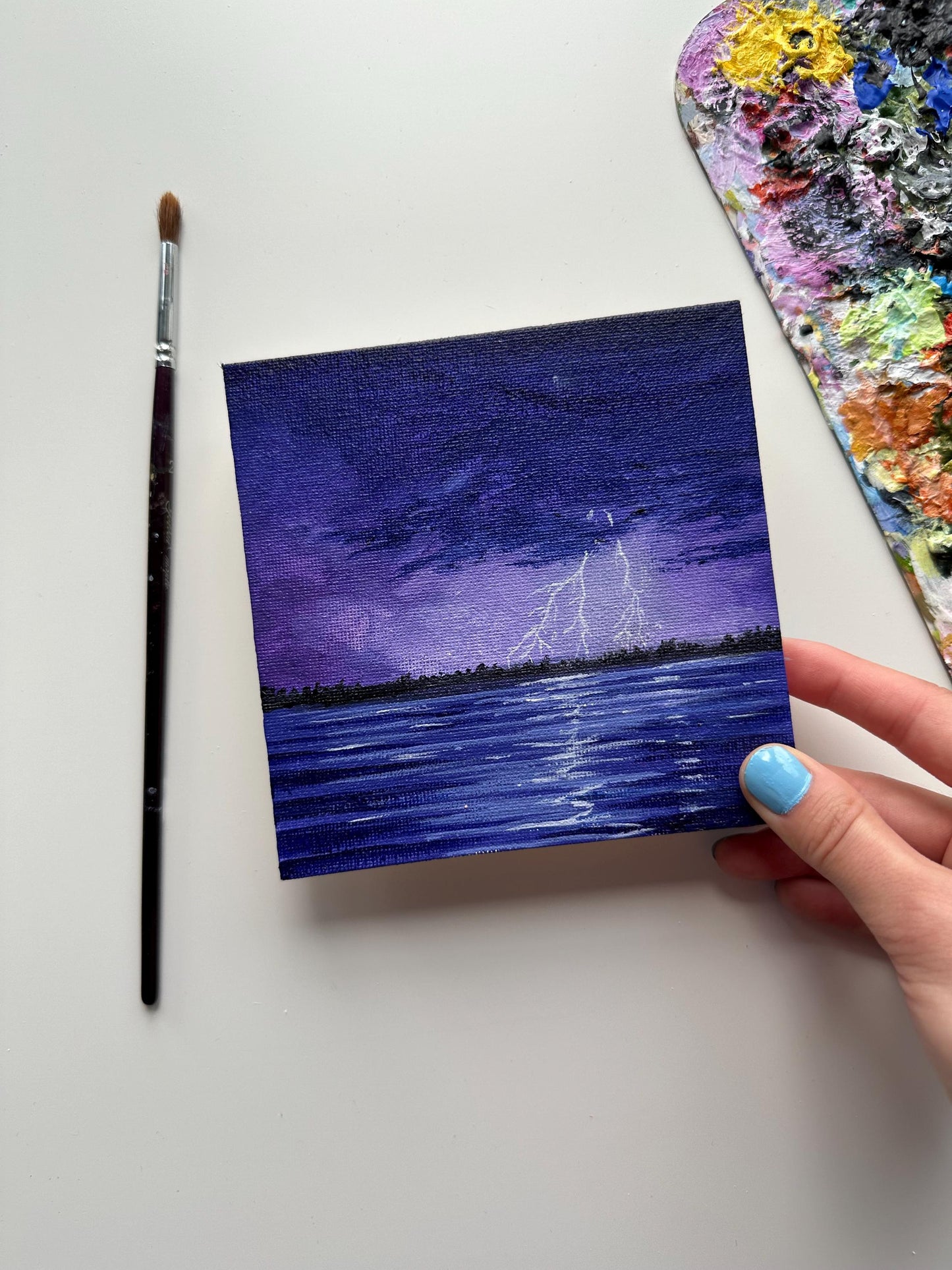 Original Thunder Over Sea Painting: Small Acrylic Canvas Art (5" x 5")