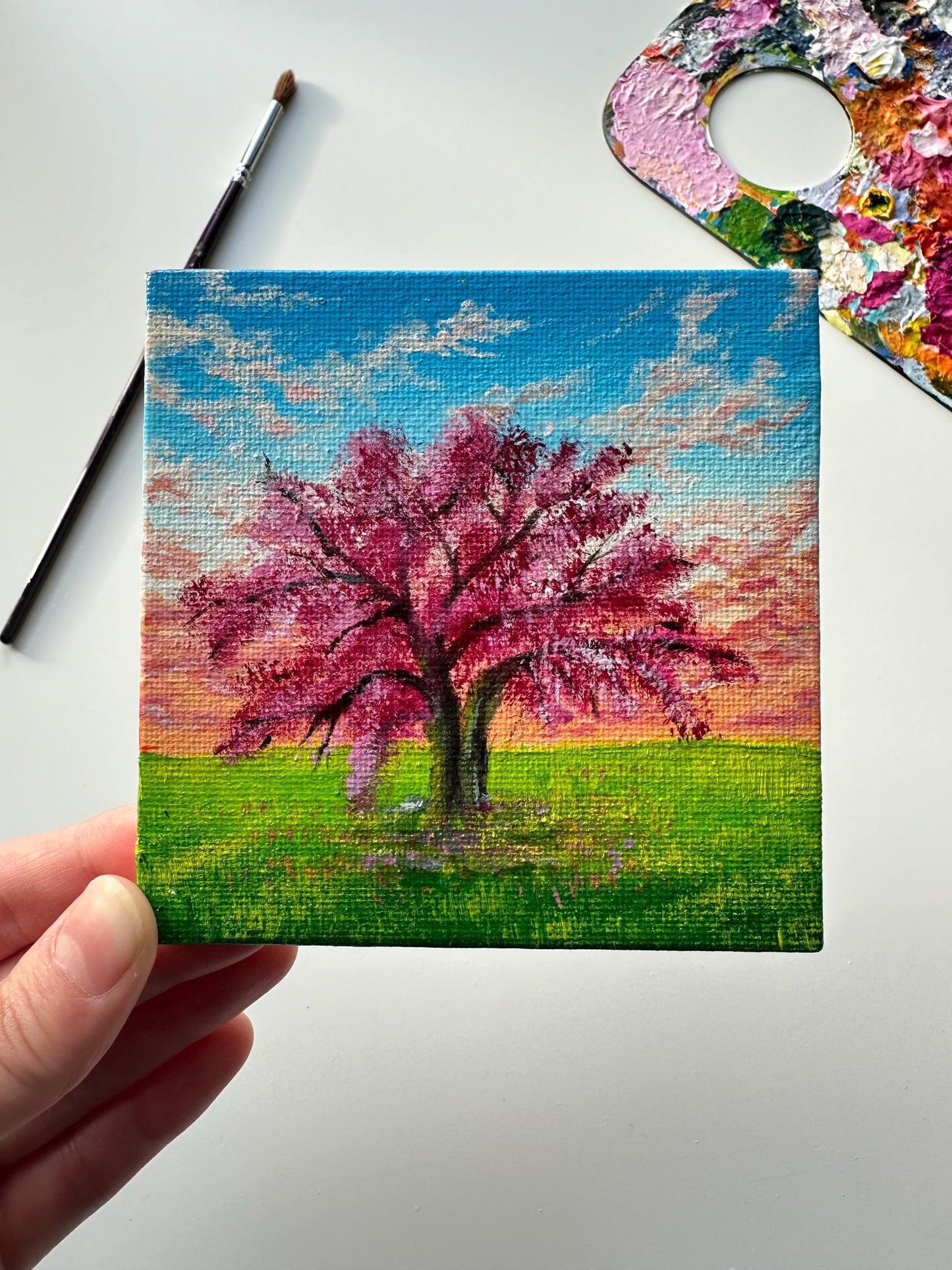 Miniature Pink Tree Painting: Original Acrylic Art on Canvas (4x4)