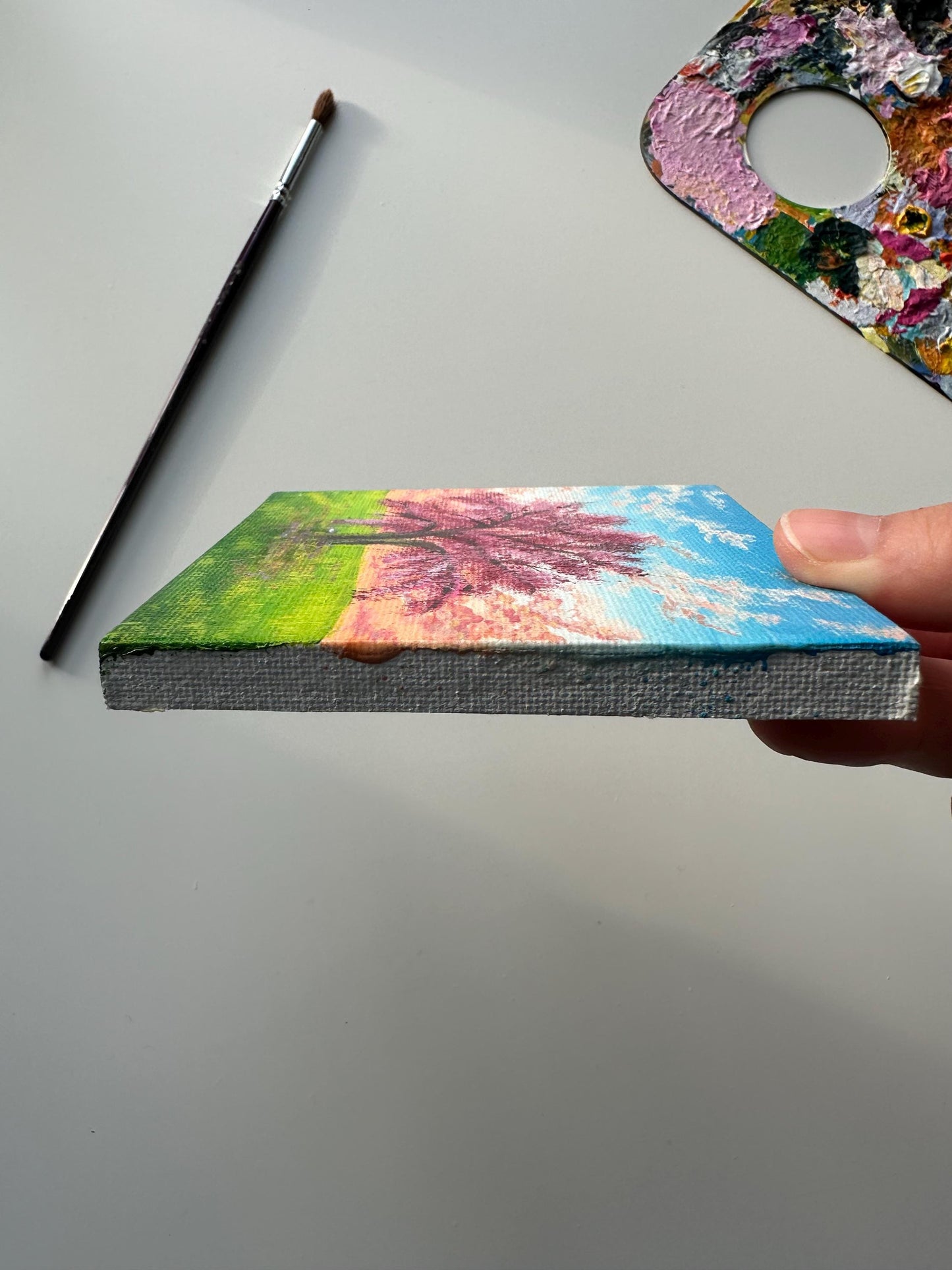 Miniature Pink Tree Painting: Original Acrylic Art on Canvas (4x4)