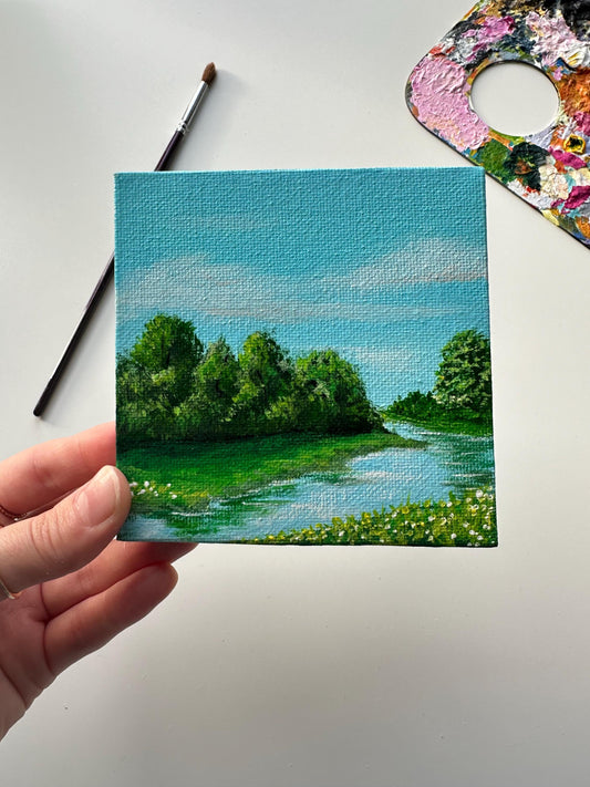 Original River Landscape Acrylic Painting: 4"x4" Tiny Canvas Art