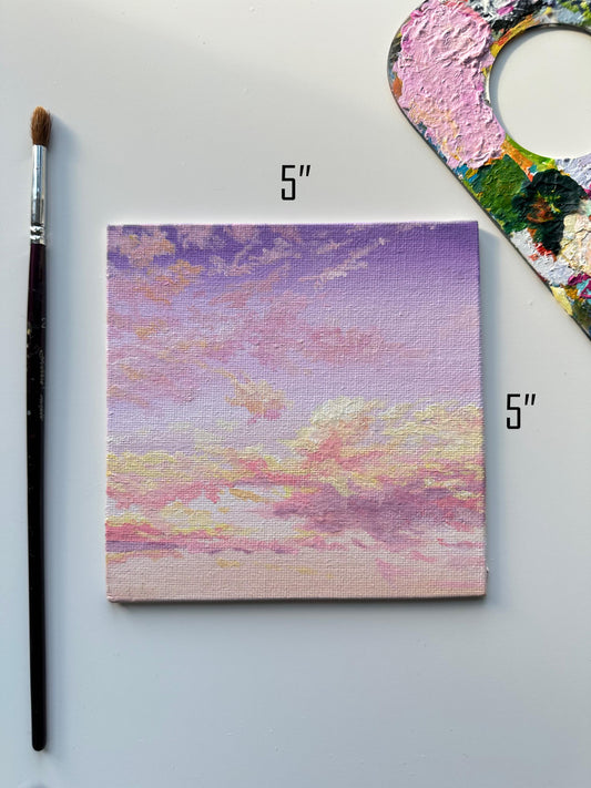 Miniature Pink & Purple Sky Painting: Hand-Painted Atmospheric Art (5" x 5")