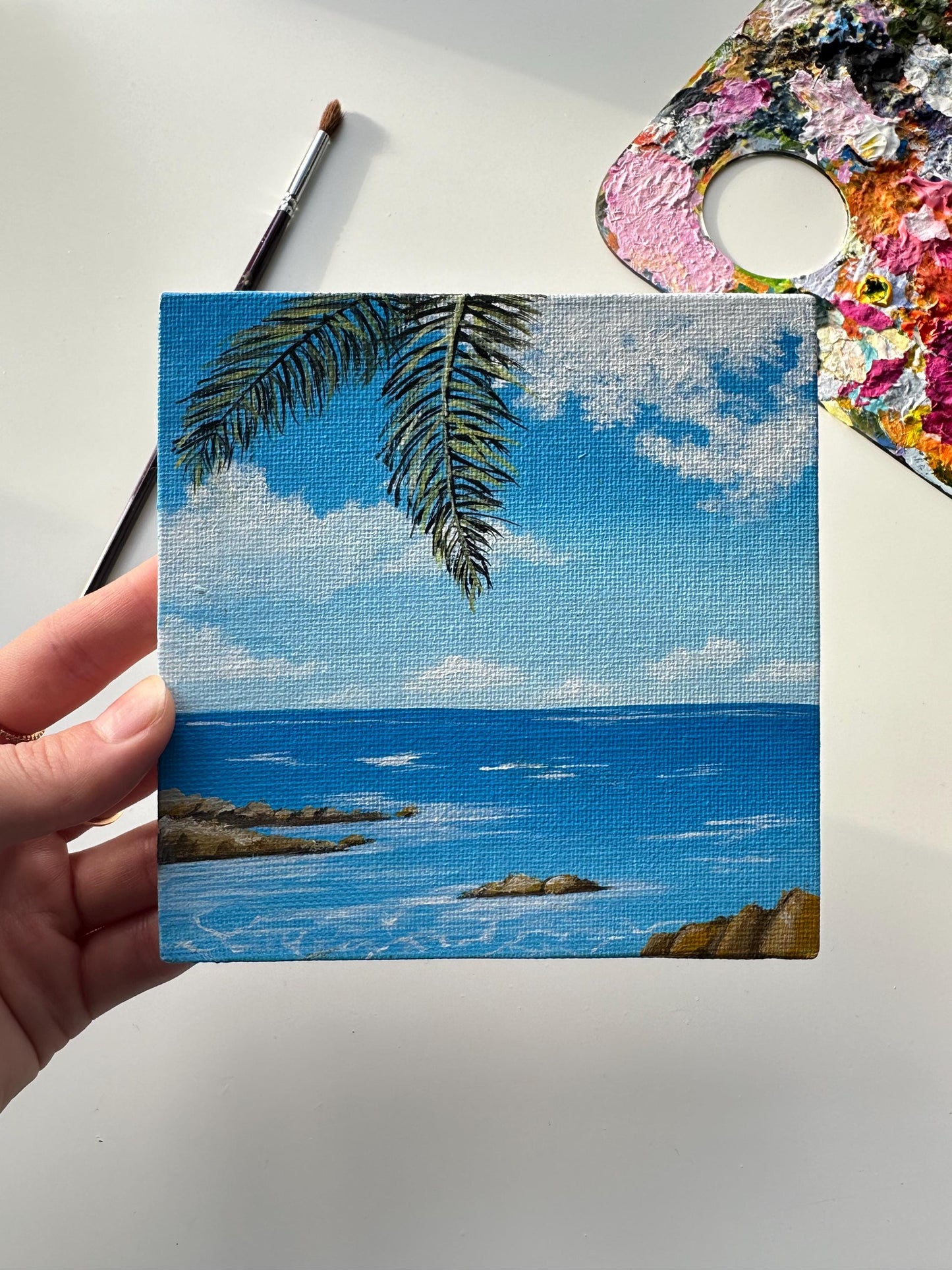 Tropical Seascape Painting: Miniature Coastal Art, Beach Vibes (5" x 5")