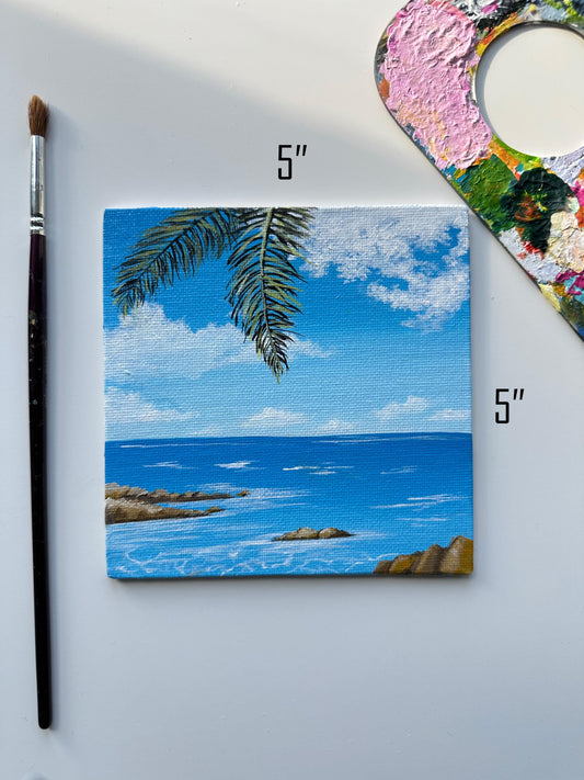 Tropical Seascape Painting: Miniature Coastal Art, Beach Vibes (5" x 5")