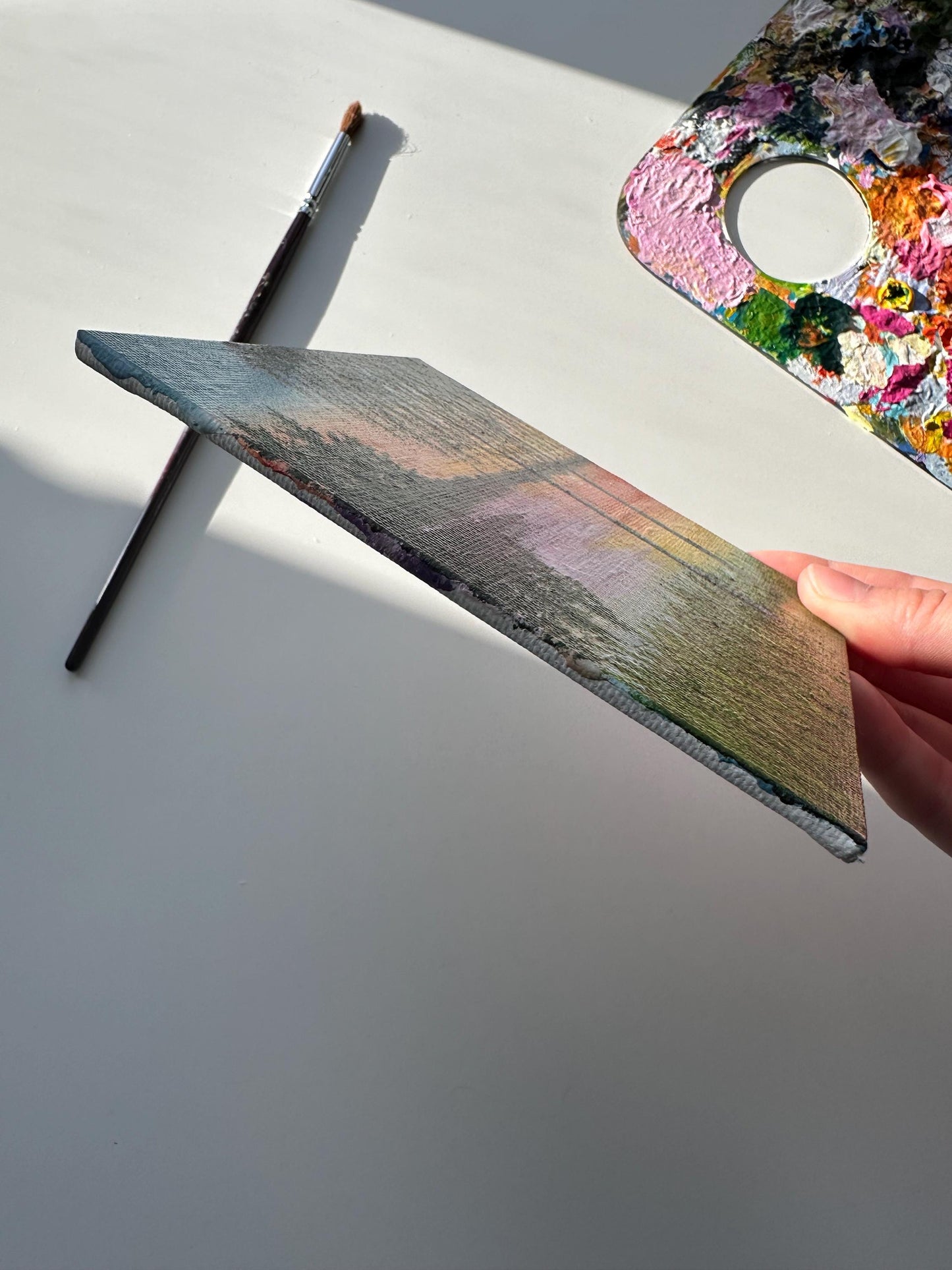 Original Sunset Lakeside Acrylic Painting: 5" x 5" Mini Landscape