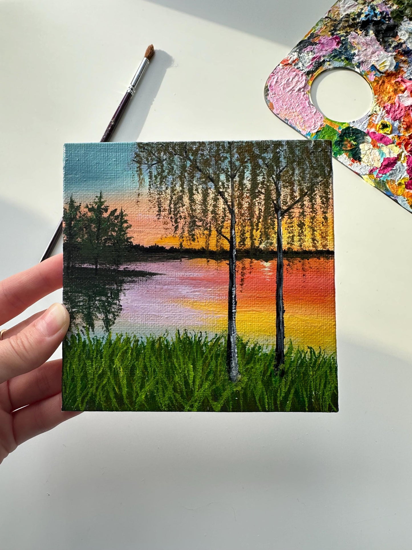 Original Sunset Lakeside Acrylic Painting: 5" x 5" Mini Landscape