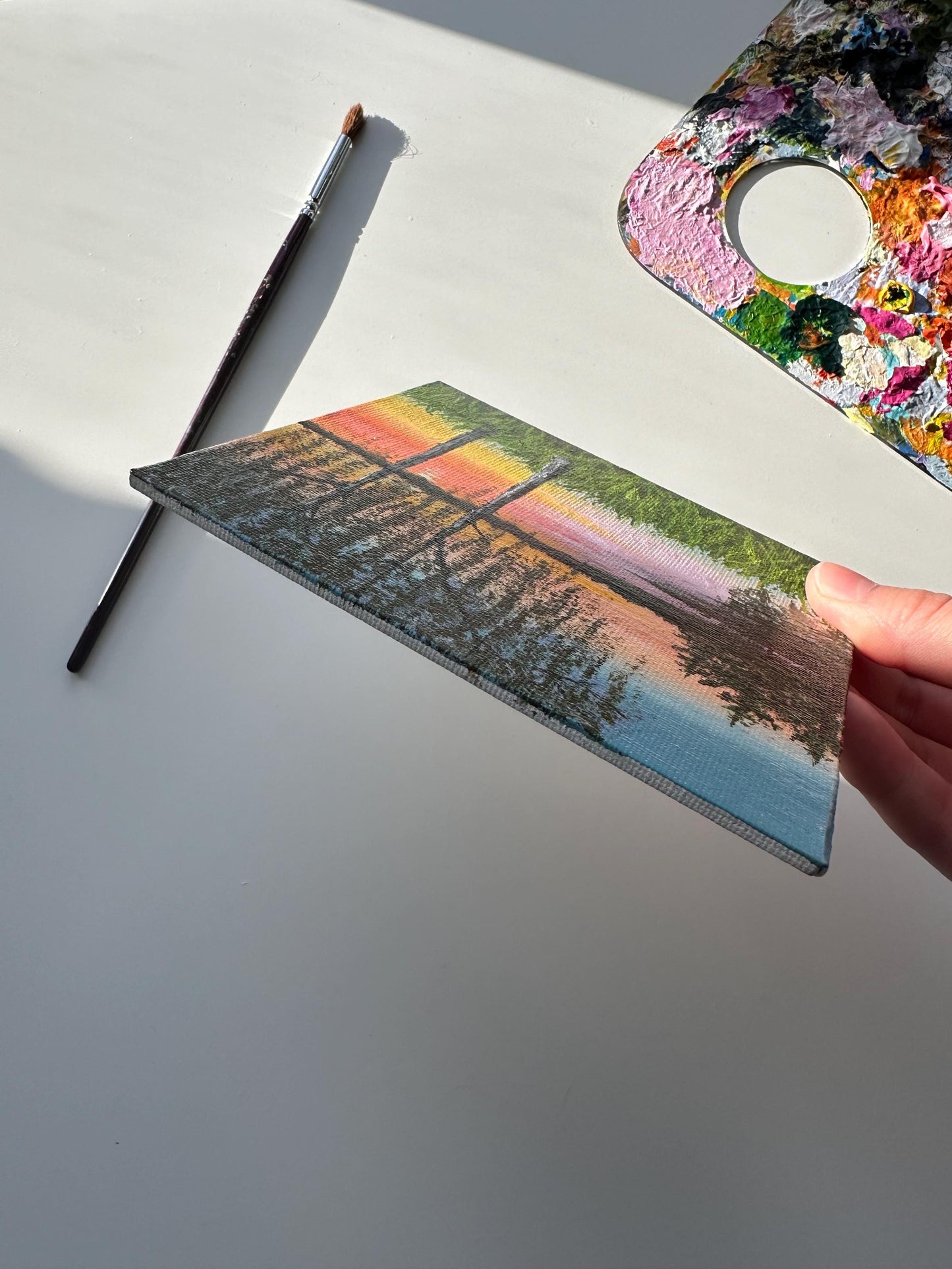 Original Sunset Lakeside Acrylic Painting: 5" x 5" Mini Landscape