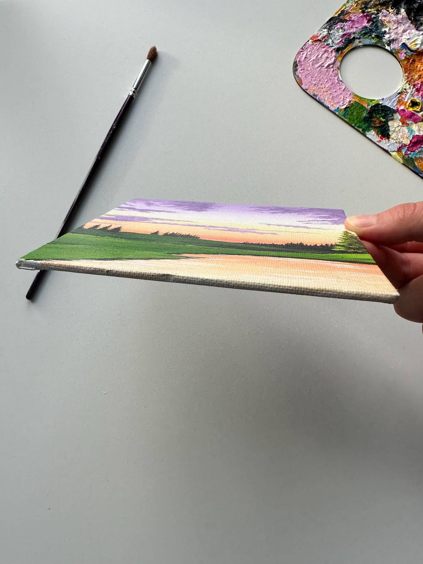 Miniature Landscape Painting: Original Acrylic Green Valley, Purple Sky (5x5)