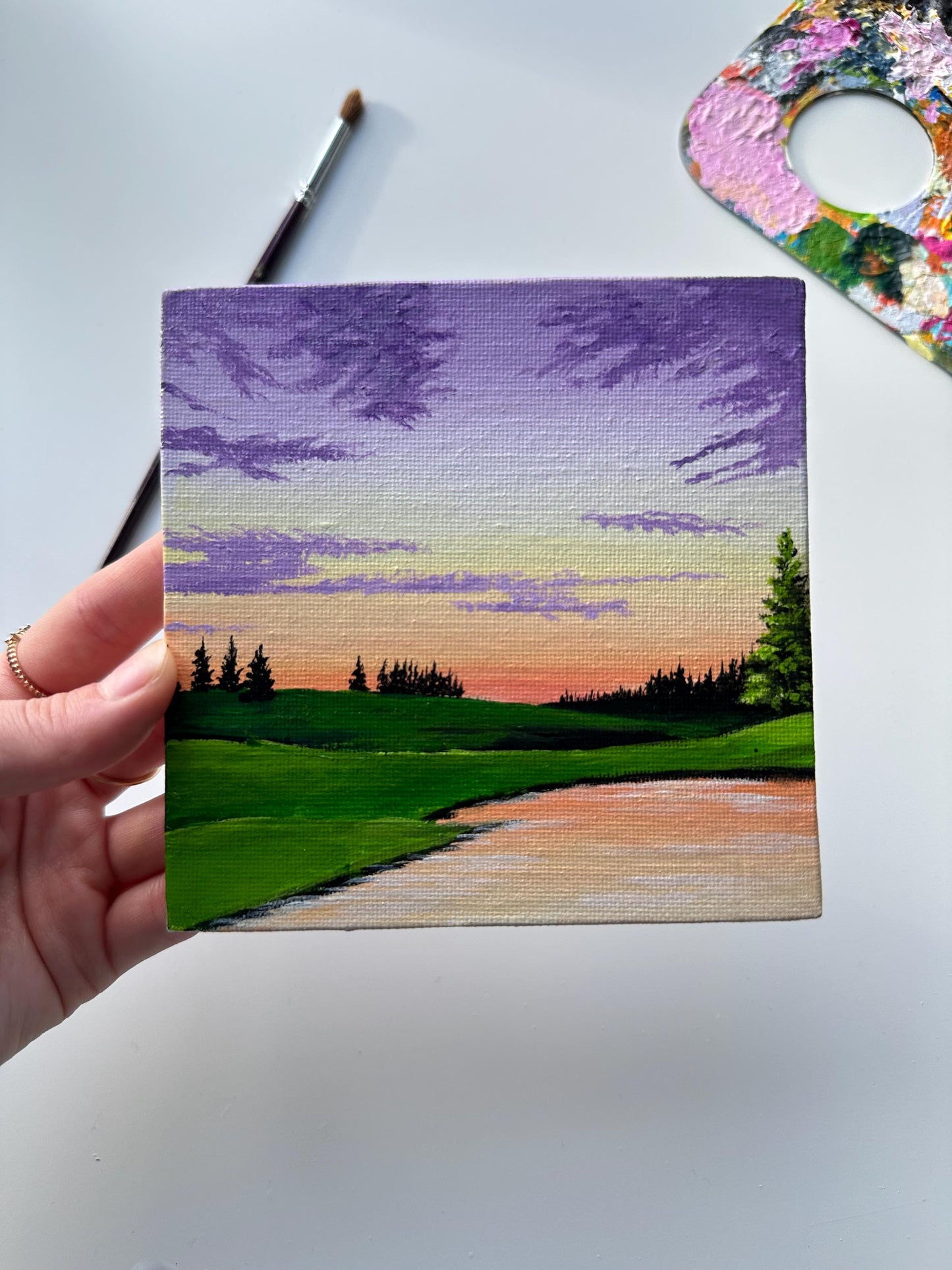 Miniature Landscape Painting: Original Acrylic Green Valley, Purple Sky (5x5)