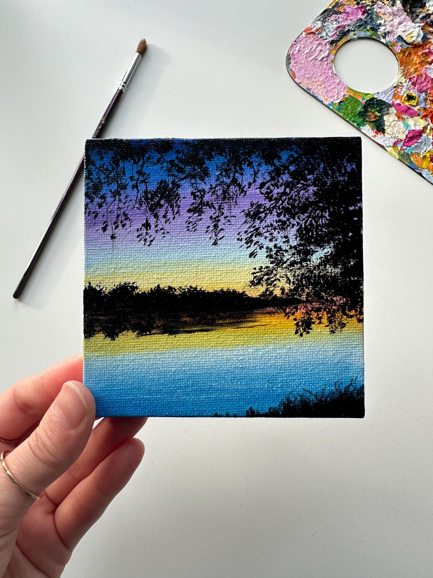 Miniature Sunset Lake Painting: Original Acrylic Landscape Art (4x4)