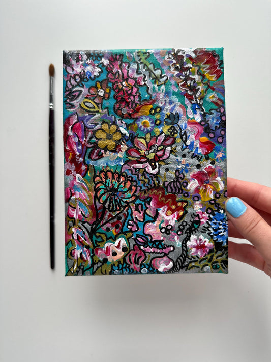Original Floral Abstract Acrylic Painting: Colorful Small Canvas Art (5x7)