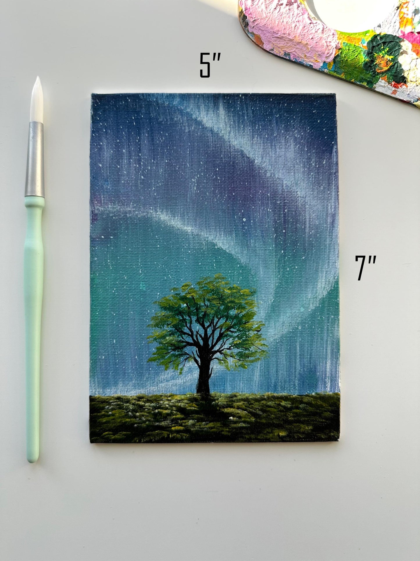 Original Northern Lights Painting: Majestic Tree, Starry Night Sky (5x7)