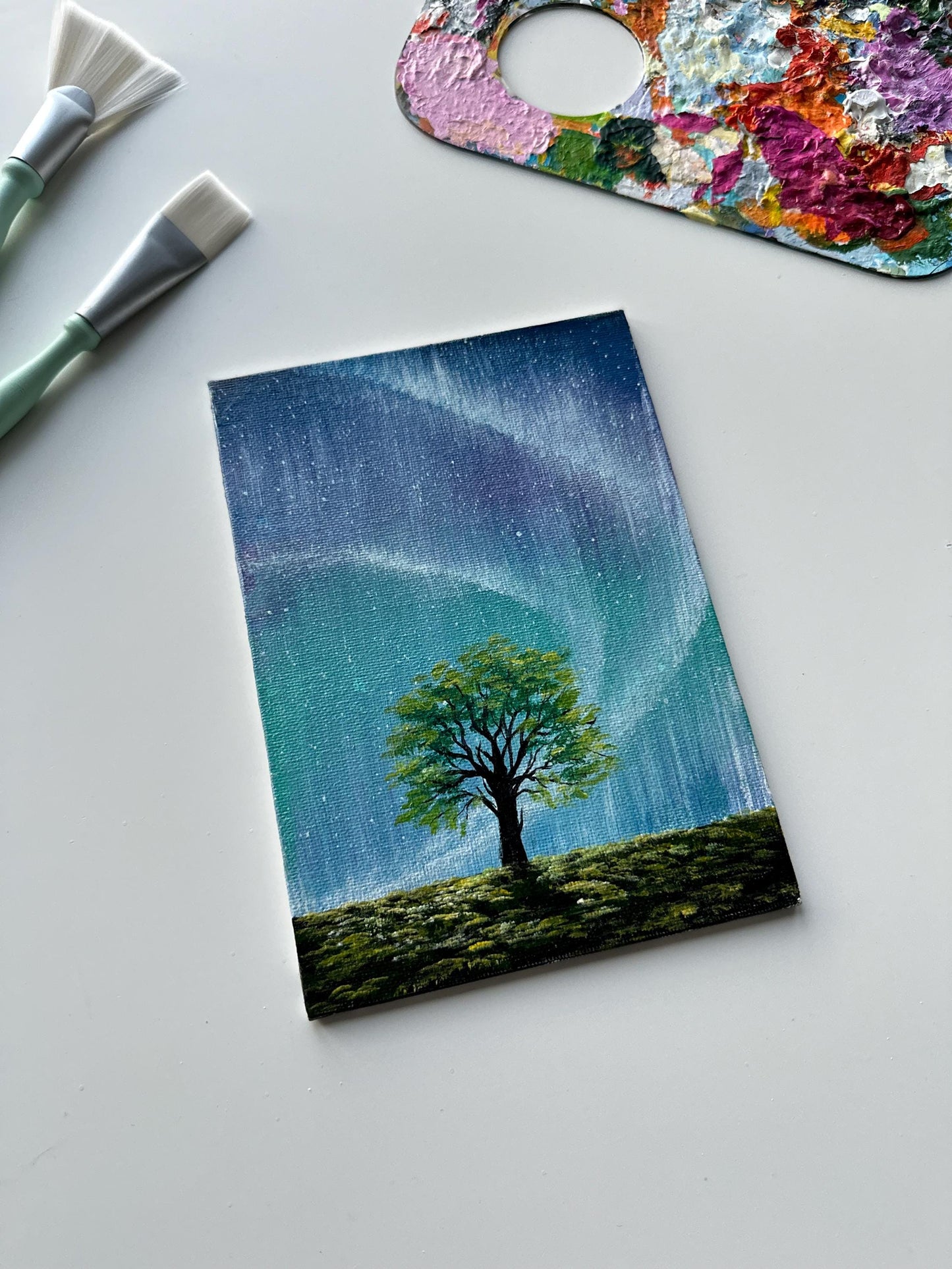 Original Northern Lights Painting: Majestic Tree, Starry Night Sky (5x7)