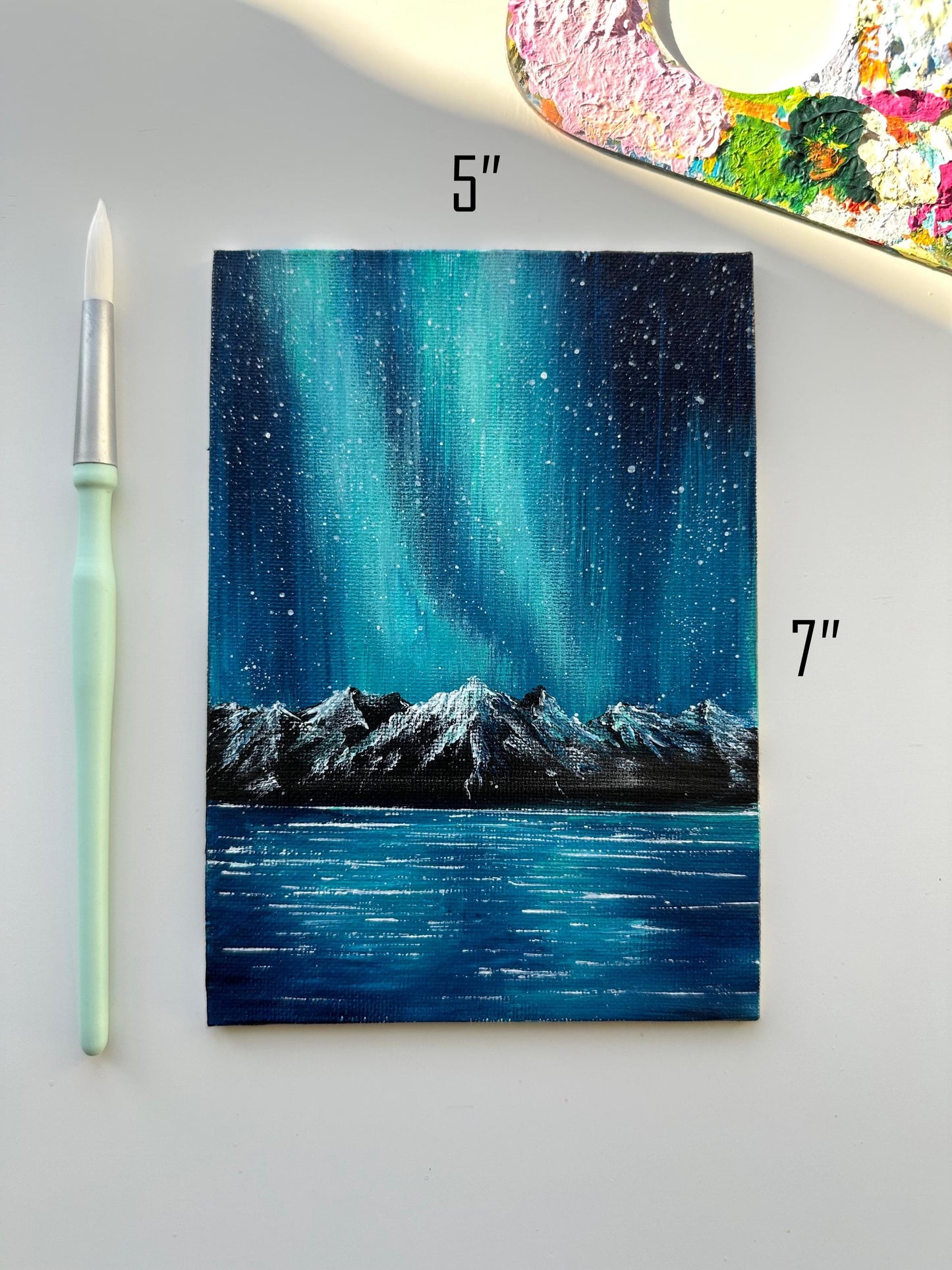 Aurora Borealis Painting: Original Acrylic Landscape Art, 5x7