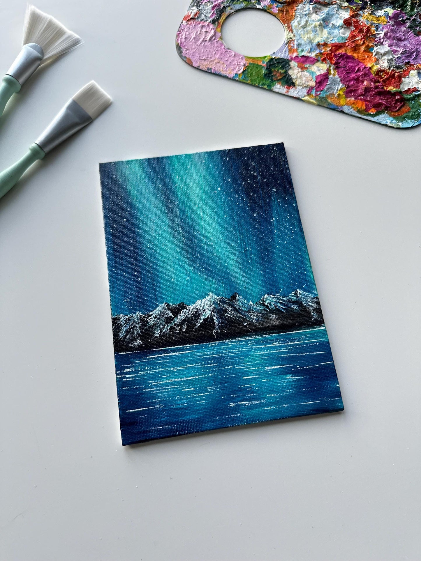 Aurora Borealis Painting: Original Acrylic Landscape Art, 5x7