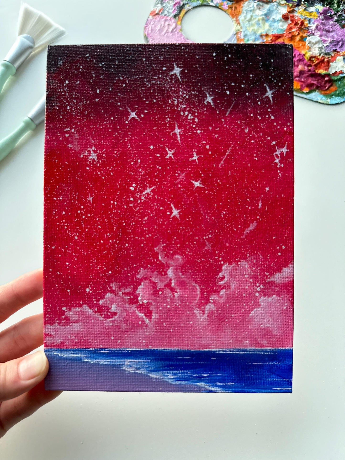 Original Red Night Sky Painting: Coastal Beach Scene, 5x7 Canvas Art