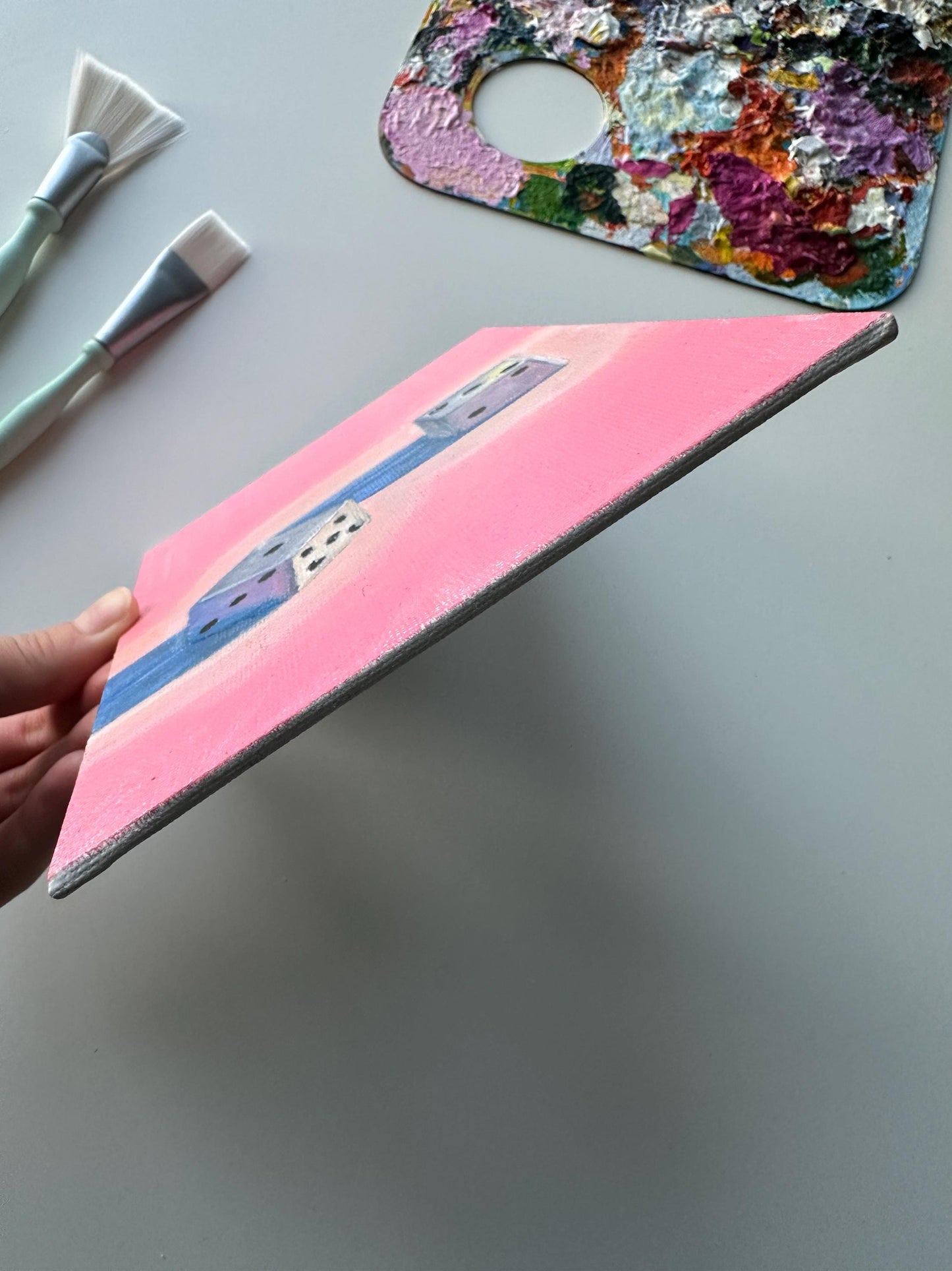 Dice Painting: 5x7 Original Acrylic Art on Pink Canvas Board