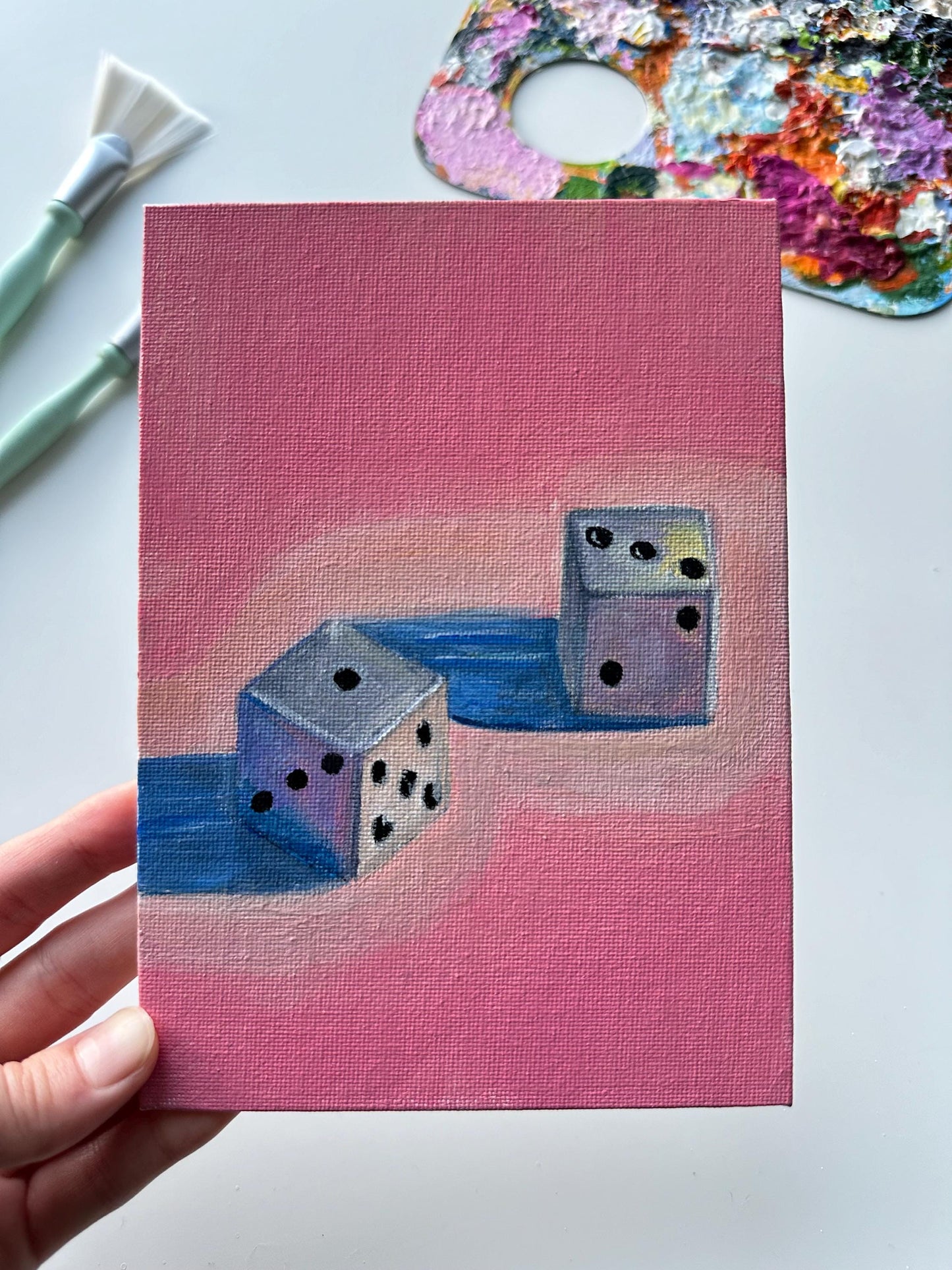 Dice Painting: 5x7 Original Acrylic Art on Pink Canvas Board