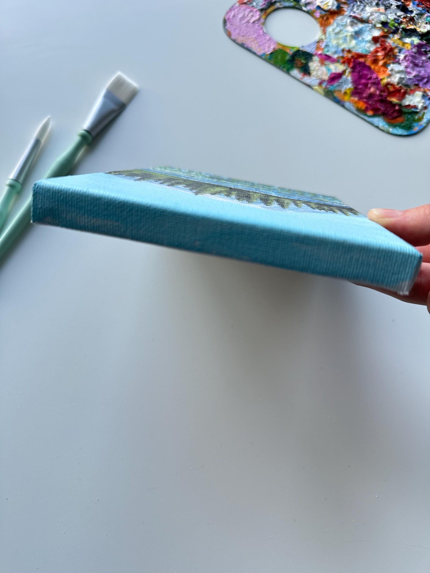 Original Mountain Landscape Painting: Blue Flower Valley Acrylic Art (5x7)